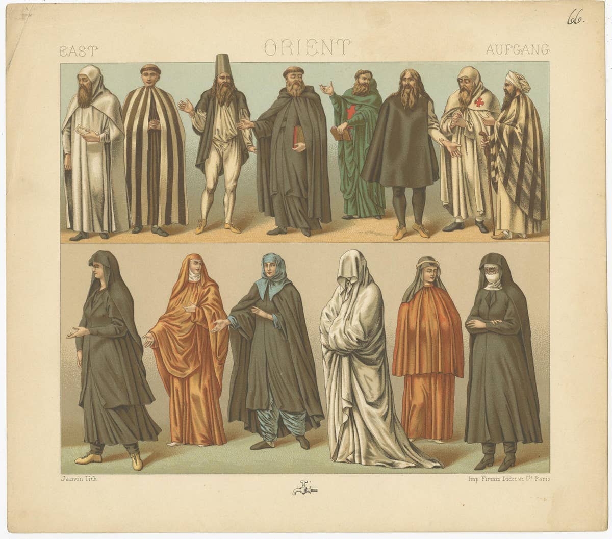 Pl. 66 Antique Print of Eastern Costumes by Racinet, 'circa 1880'