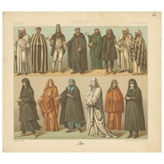 Pl. 66 Stampa antica di costumi orientali di Racinet, 'circa 1880'. 66 Stampa antica di costumi orientali di Racinet, 'circa 1880'.