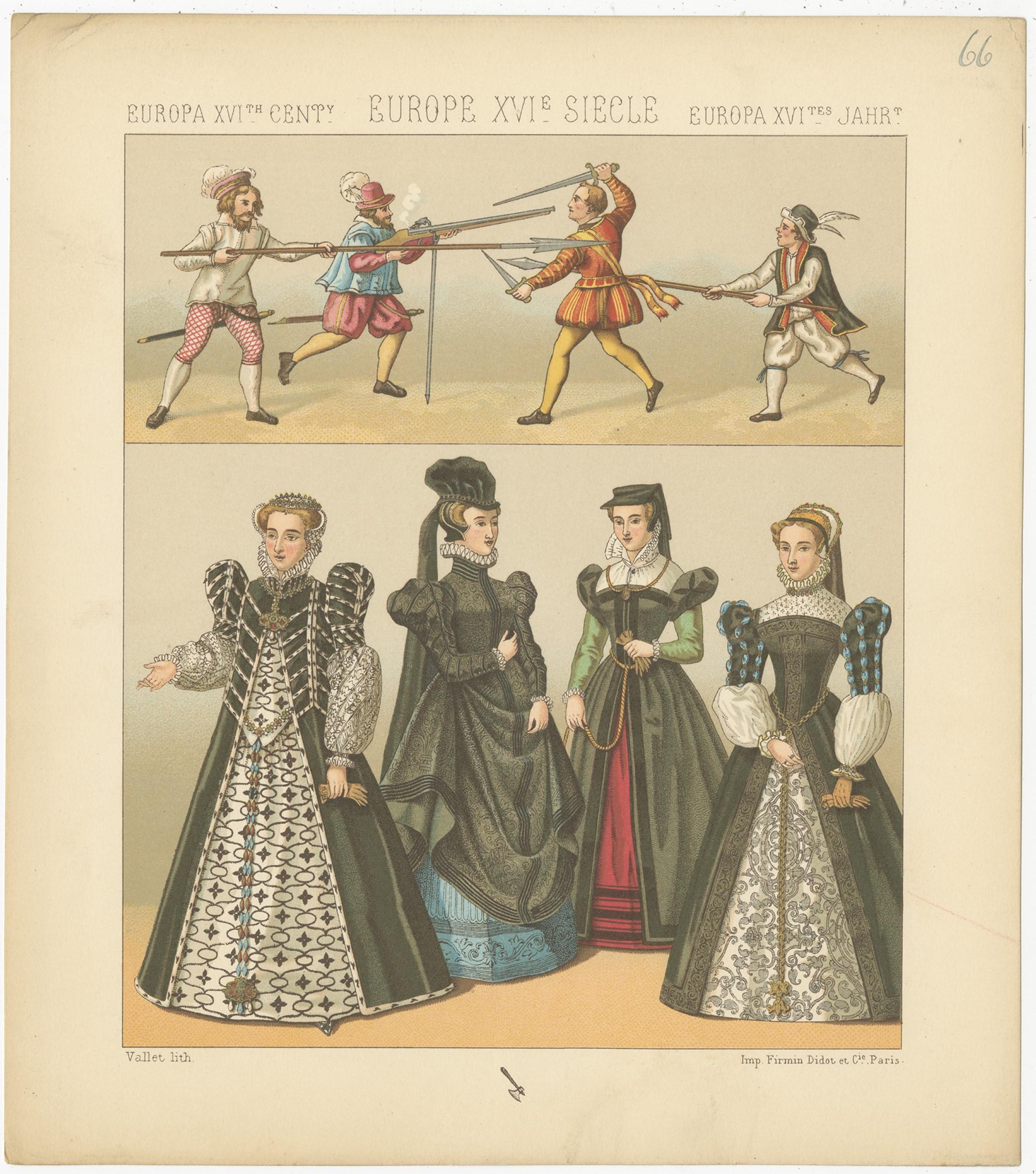 Antique print titled 'Europa XVI Cent - Europe XVIe Siecle - Europa XVItes Jahr'. Chromolithograph of European XVIth Century Costumes. This print originates from 'Le Costume Historique' by M.A. Racinet. Published circa 1880.