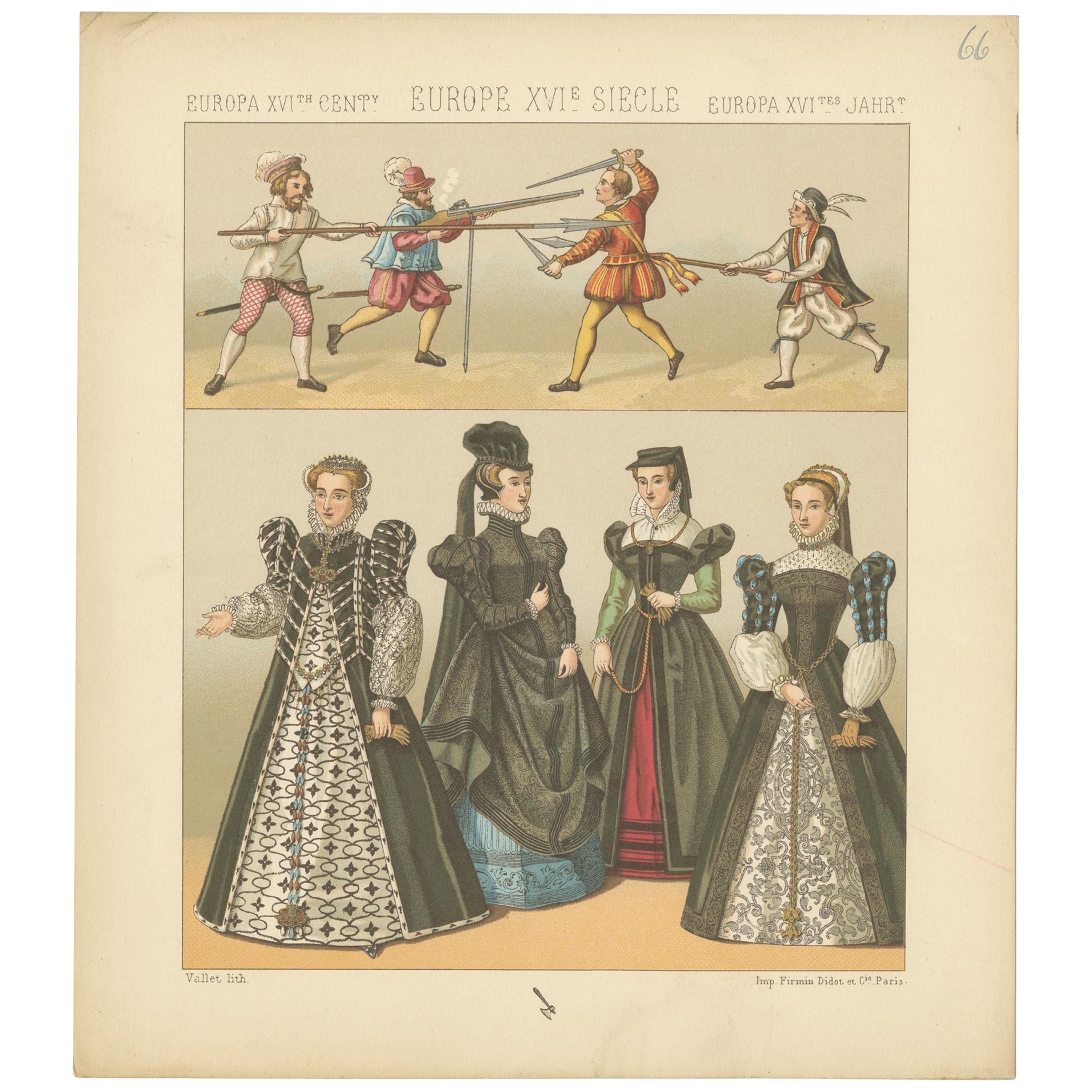 Pl. 66 Antique Print of European XVIth Century Costumes by Racinet 'circa 1880' For Sale