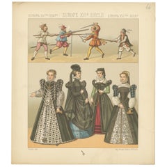 Pl. 66 Antique Print of European XVIth Century Costumes by Racinet 'circa 1880'