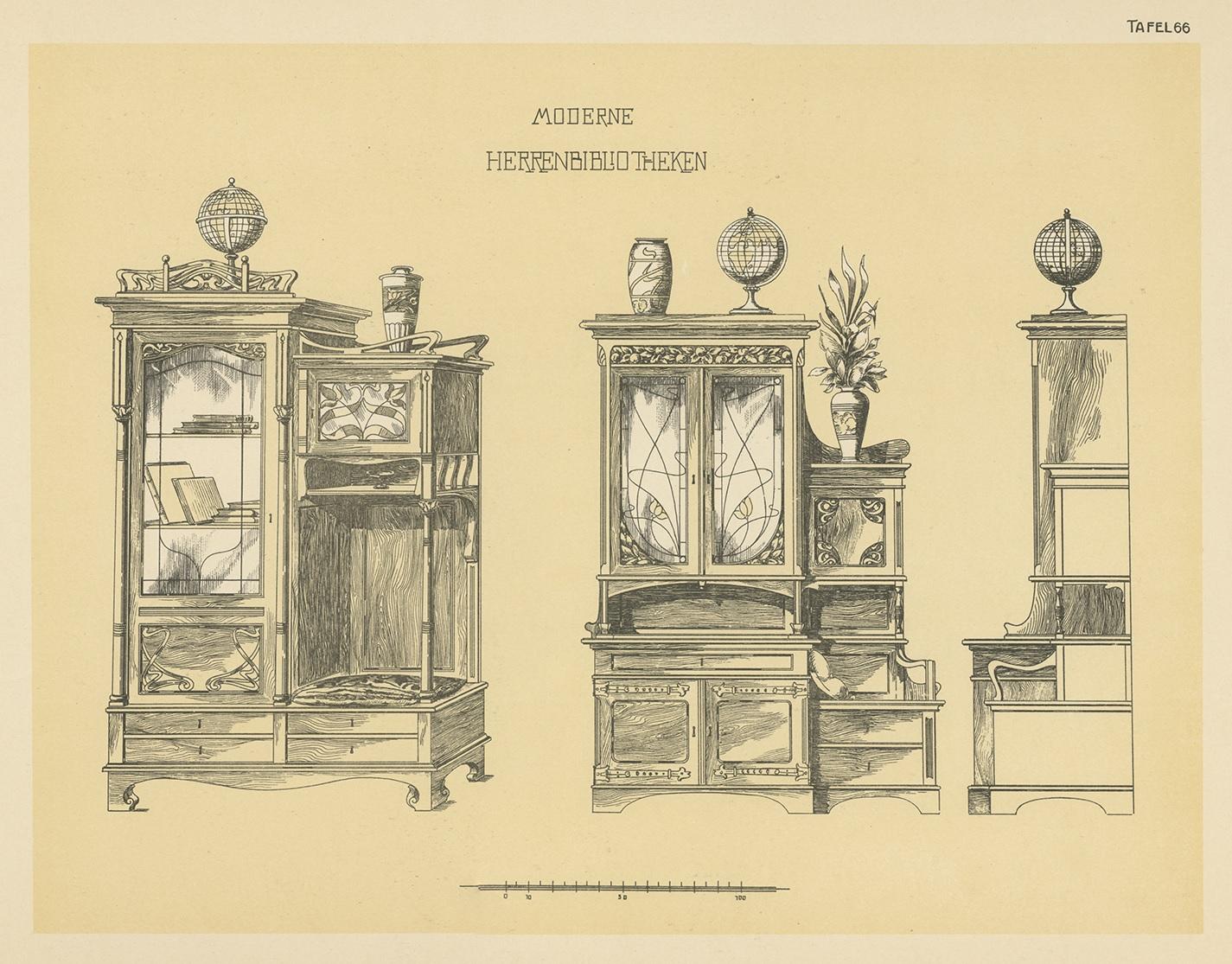 Antique print titled 'Moderne Herrenbibliotheken'. Lithograph of library furniture. This print originates from 'Det Moderna Hemmet' by Johannes Kramer. Published by Ferdinand Hey'l, circa 1910.