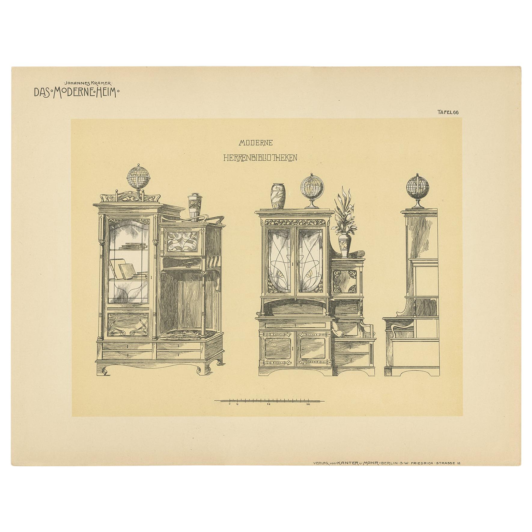 Pl. 66 Antique Print of Library Furniture by Kramer, circa 1910 For Sale