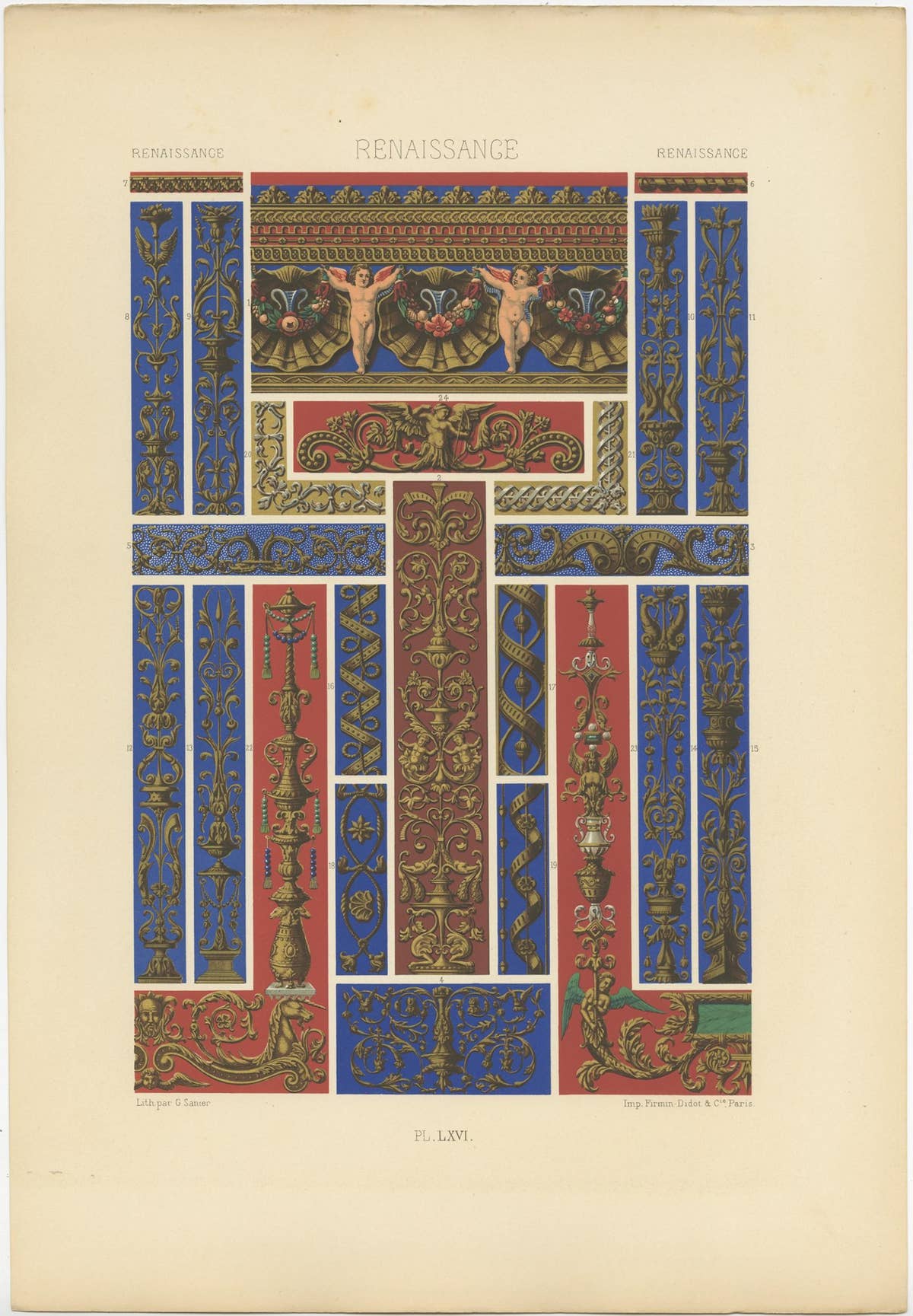 Pl. 66 Antique Print of Renaissance Ornaments by Racinet, circa 1890