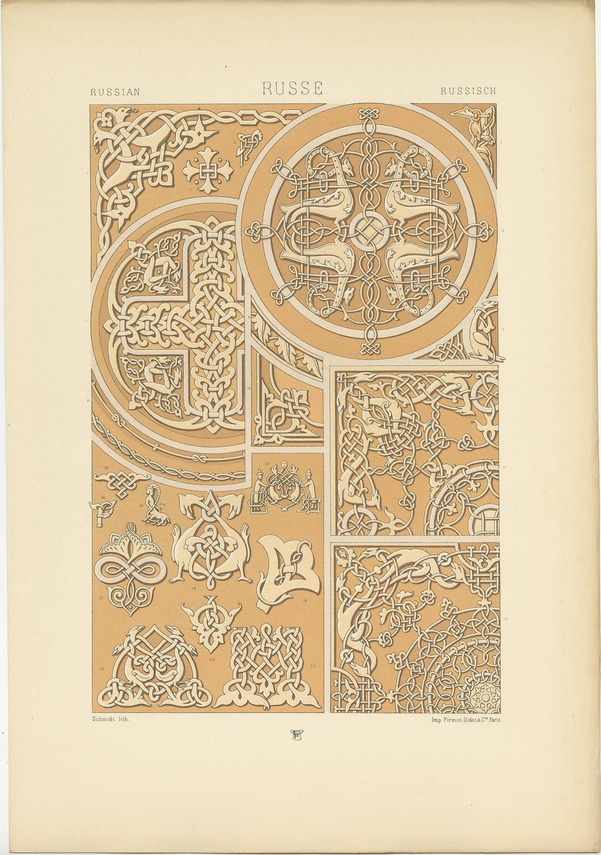 Pl. 66 Antique Print of Russian Motifs from Metalwork and Manuscripts by Racinet