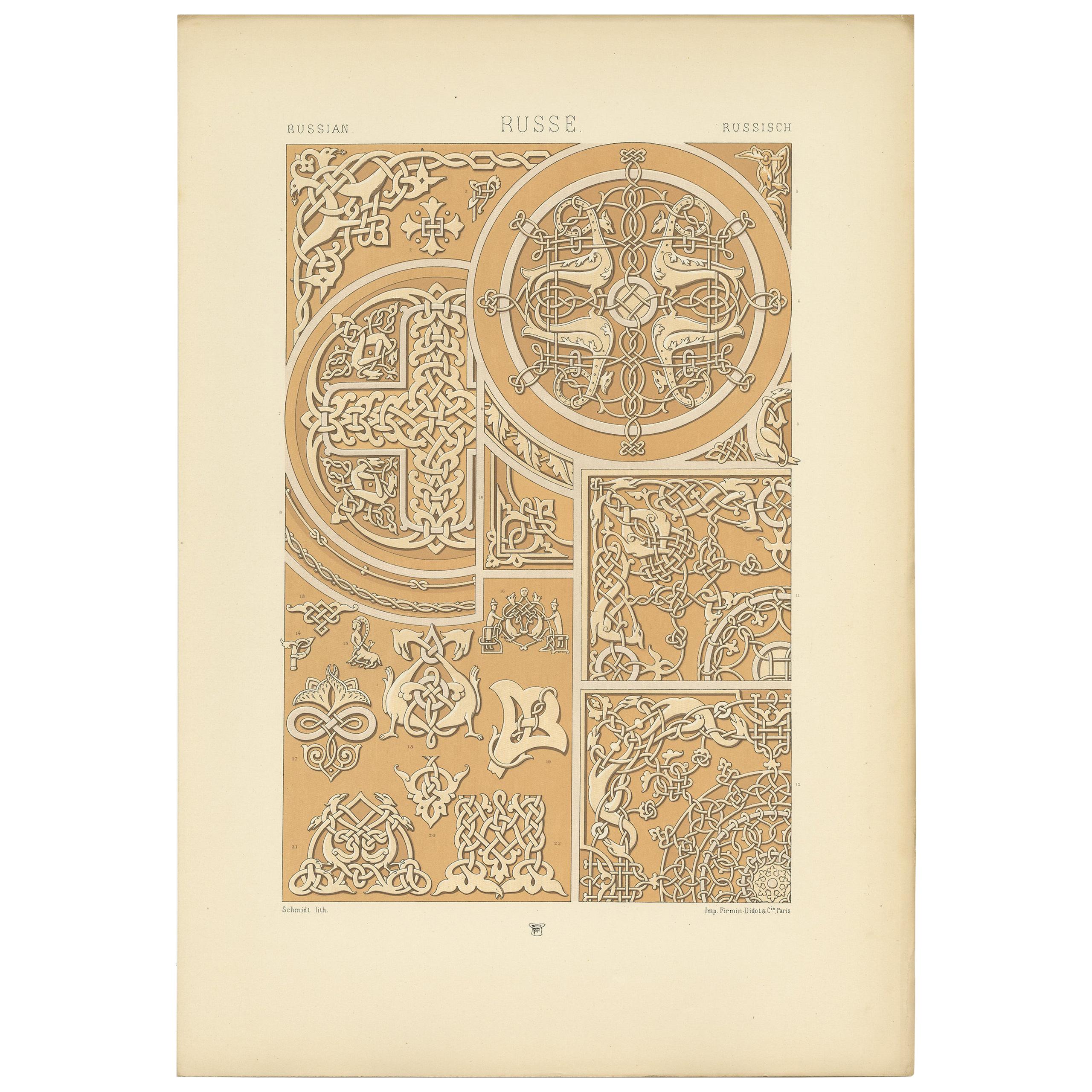 Pl. 66 Antique Print of Russian Motifs from Metalwork and Manuscripts by Racinet For Sale