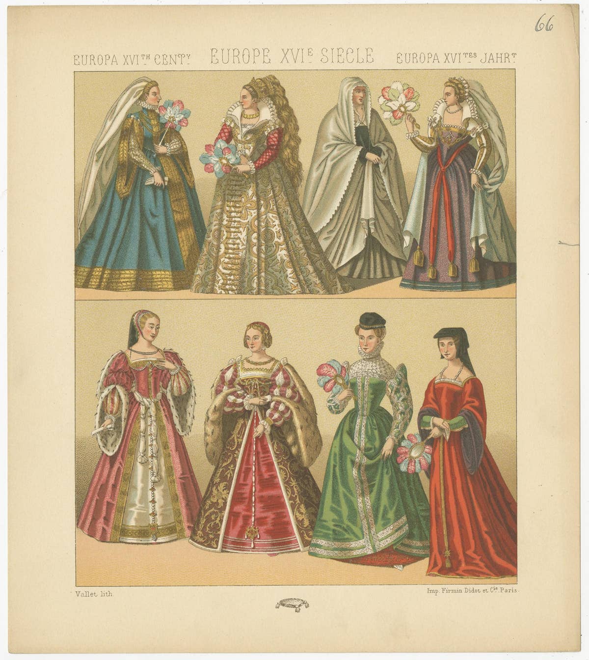 Pl. 66A Antique Print of European 16th Century Costumes by Racinet, circa 1880