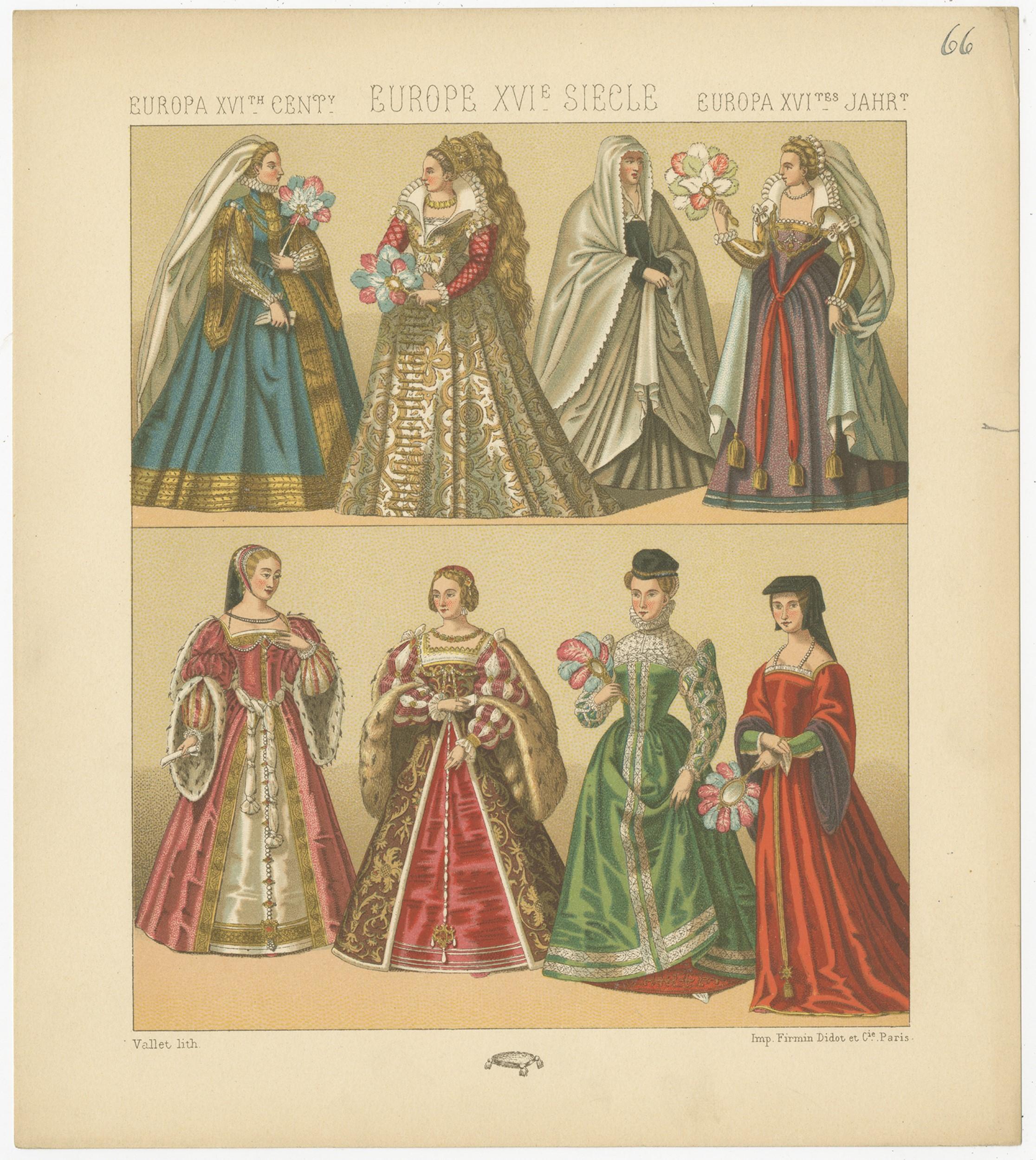 XIXe siècle Impression ancienne de costumes européennes du XVIe siècle Pl. 66A par Racinet, vers 1880 en vente