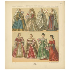 Pl. 66A Antique Print of European 16th Century Costumes by Racinet, circa 1880