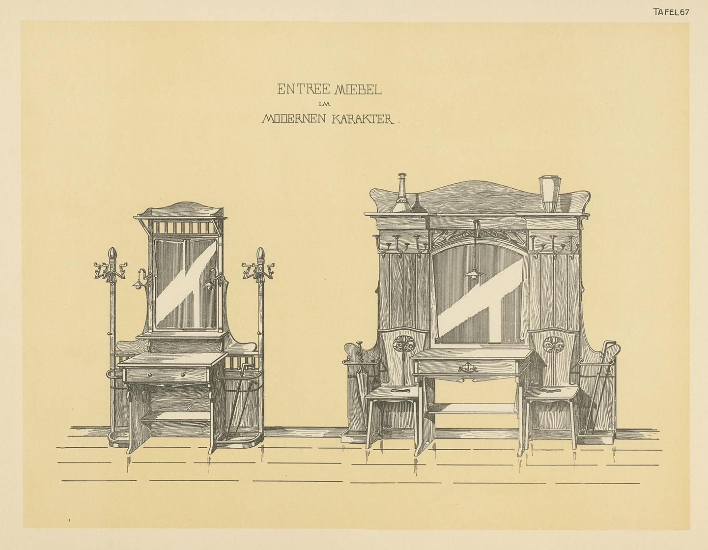 Antique Design Print of Entryway Furniture by Kramer, circa 1910 In Good Condition For Sale In Langweer, NL