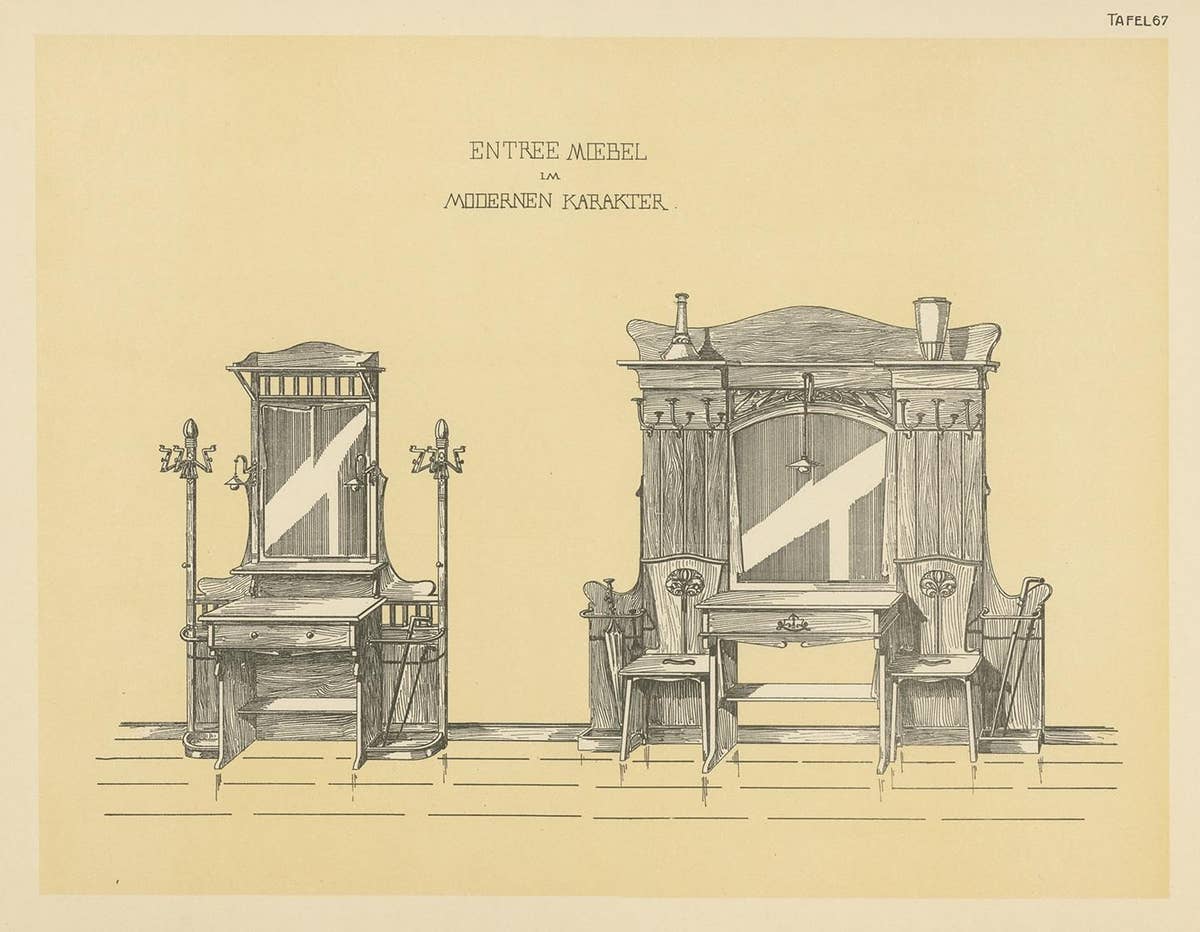 Antique Design Print of Entryway Furniture by Kramer, circa 1910