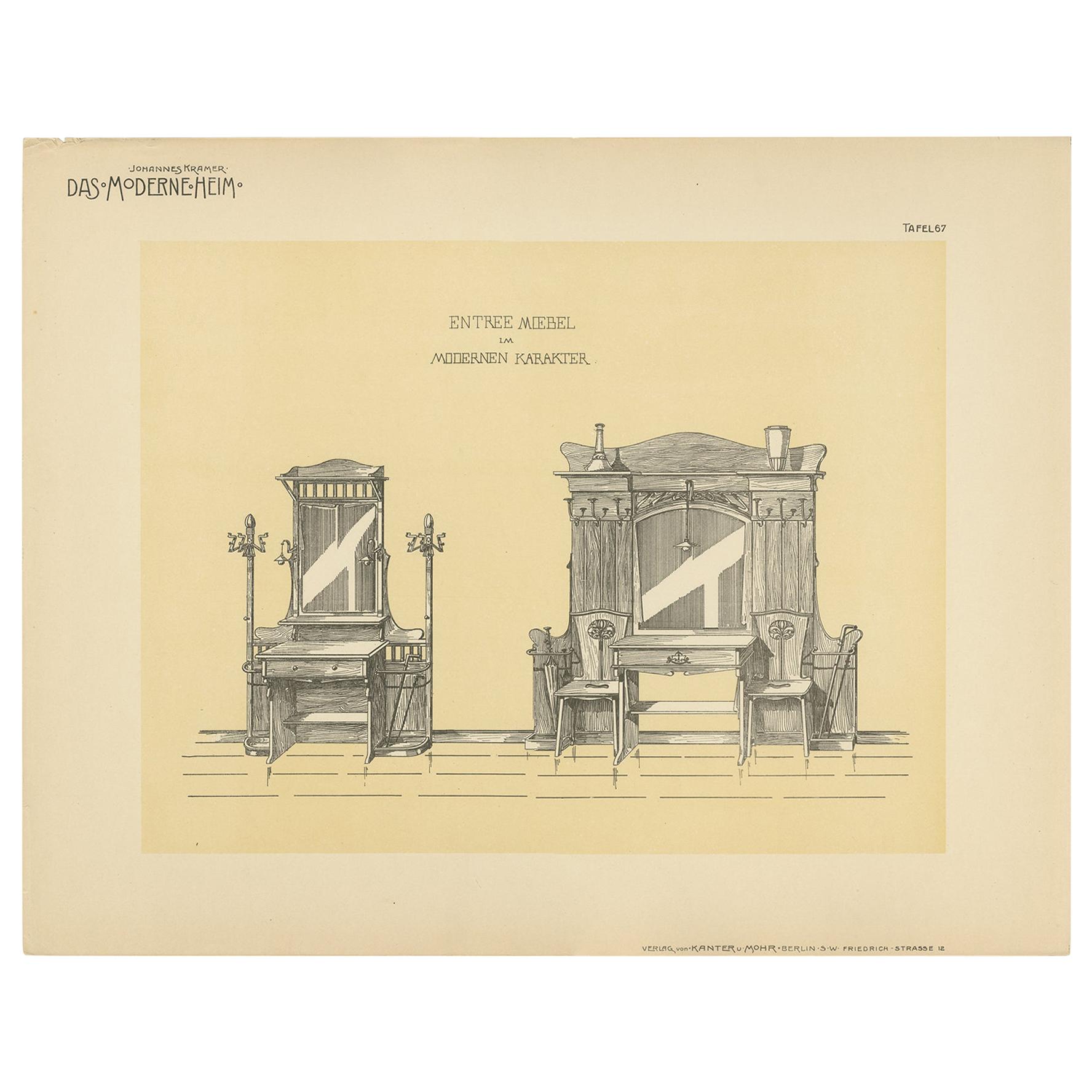 Grabado de diseño antiguo de muebles de entrada de Kramer, hacia 1910
