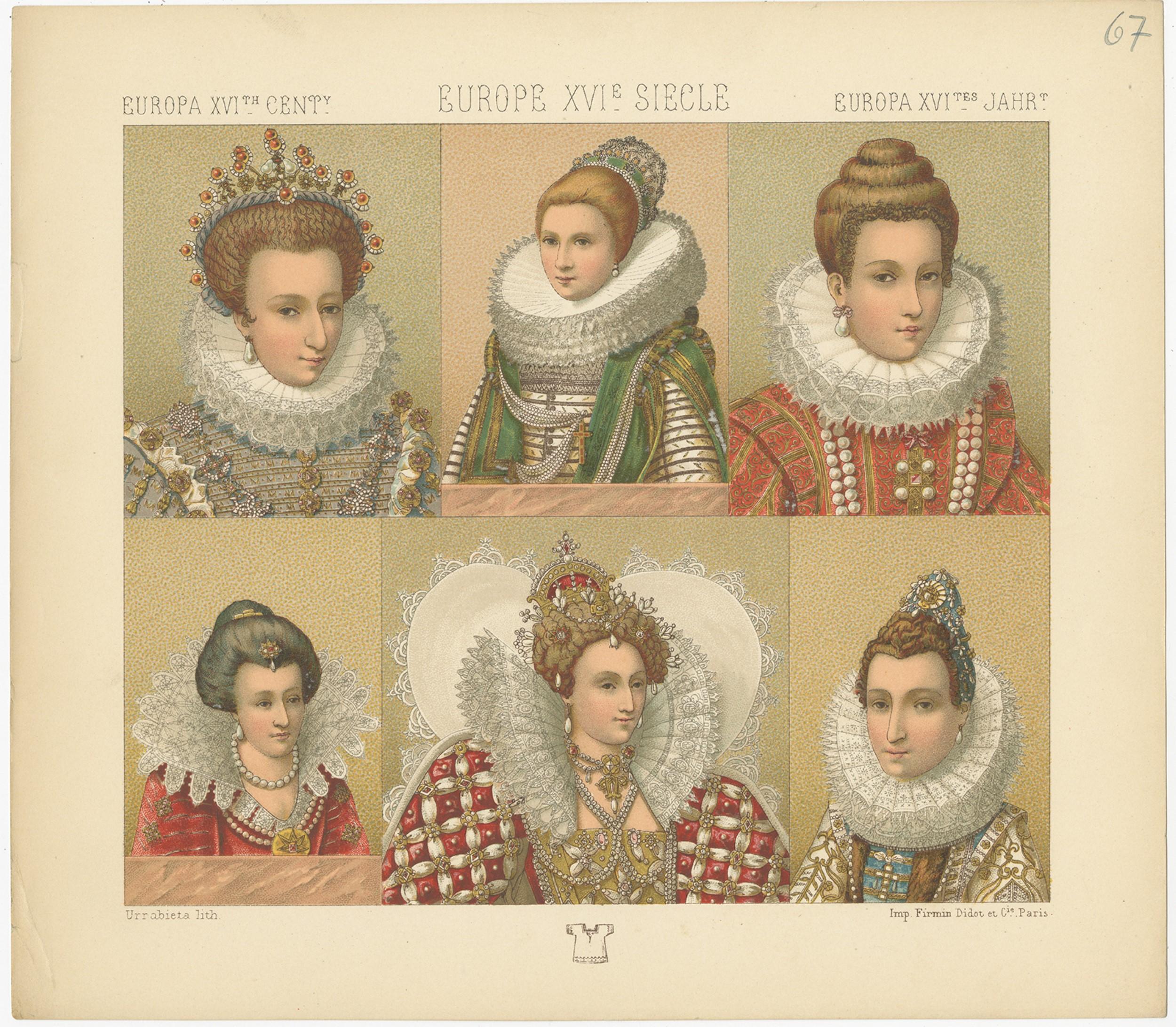 Antique print titled 'Europa XVI Cent - Europe XVIe Siecle - Europa XVItes Jahr'. Chromolithograph of European 16th century costumes. This print originates from 'Le Costume Historique' by M.A. Racinet. Published circa 1880.