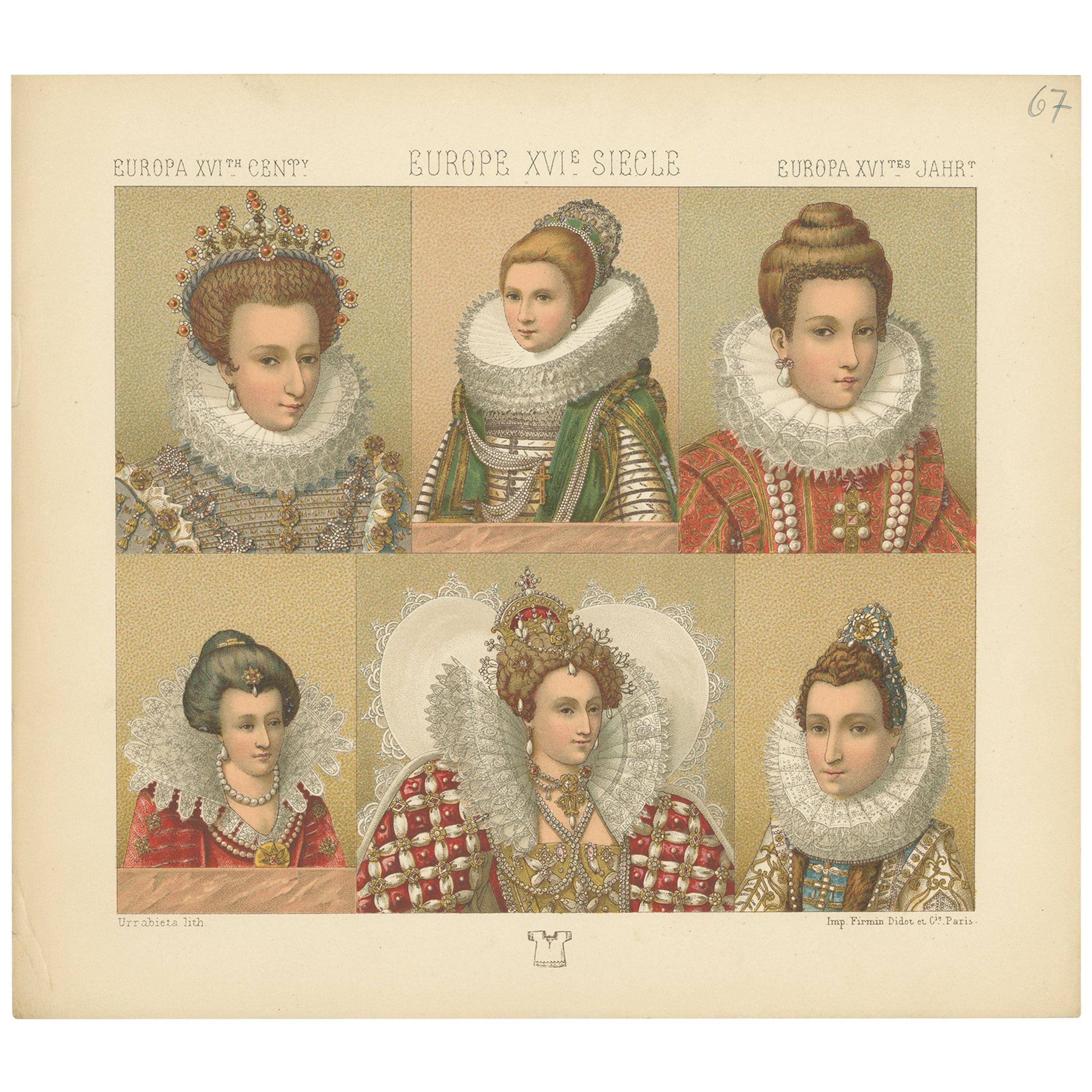 Impression ancienne de costumes européennes du XVIe siècle Pl. 67 par Racinet, vers 1880