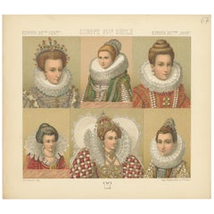 Pl. 67 Antique Print of European 16th Century Costumes by Racinet, circa 1880