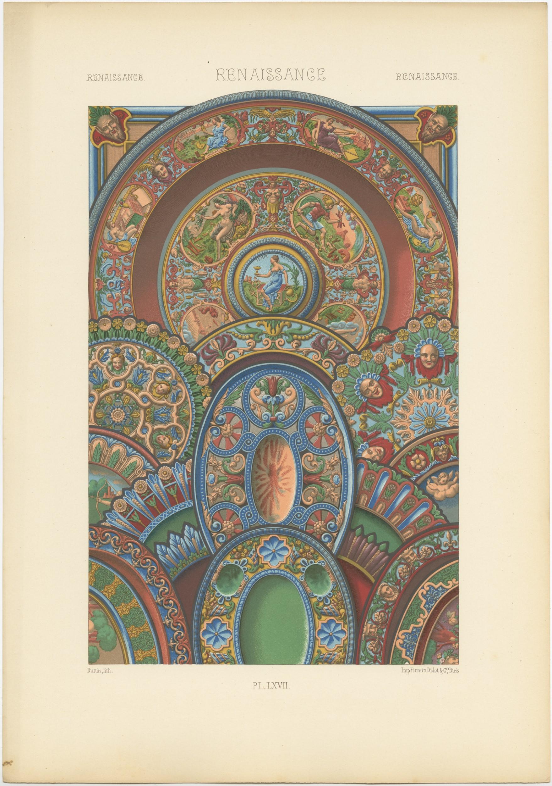 Antique print titled 'Renaissance - Renaissance - Renaissance'. Chromolithograph of Renaissance ornaments and decorative arts. This print originates from 'l'Ornement Polychrome' by Auguste Racinet. Published circa 1890.