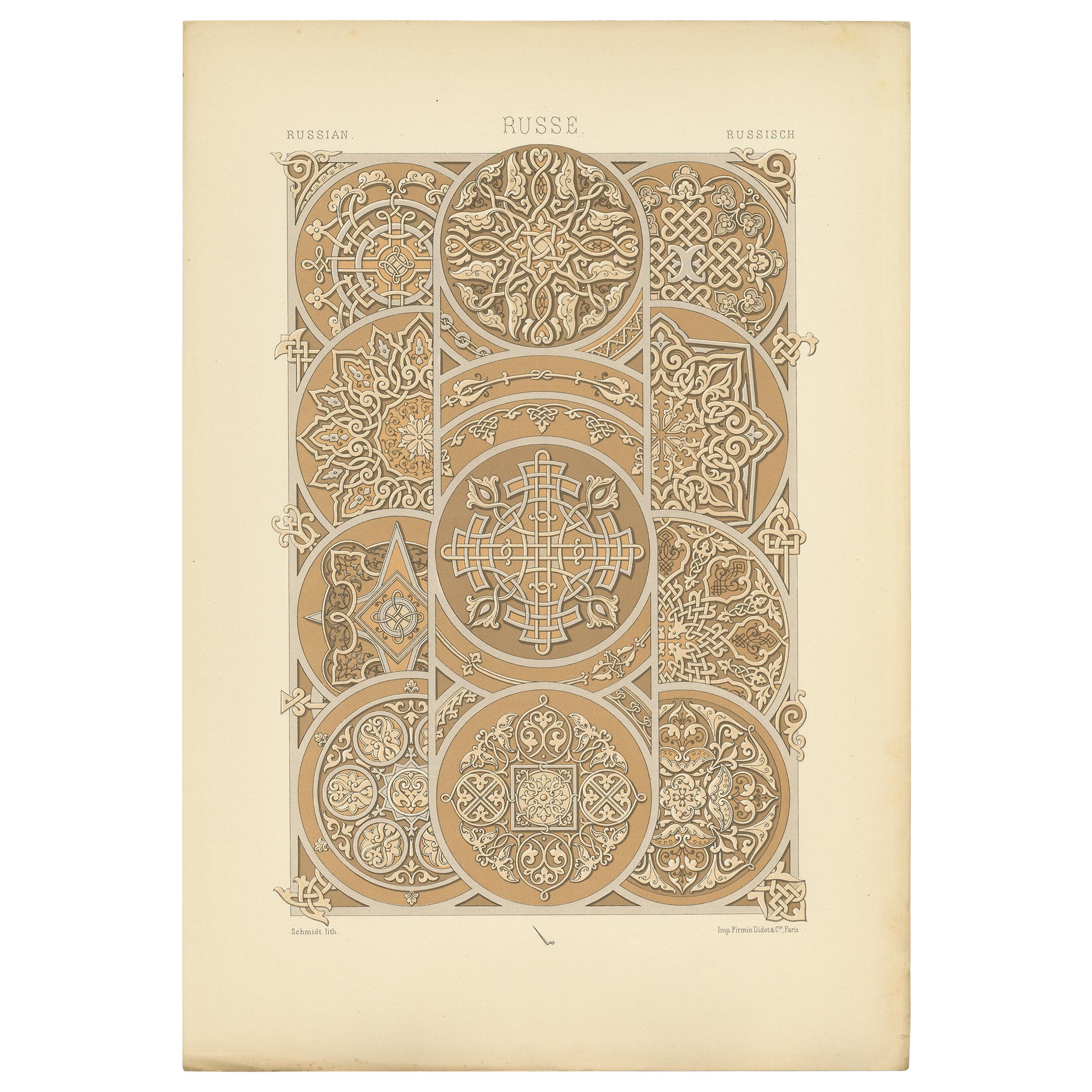 Pl. 67 Antique Print of Russian Motifs from Engraved and Chased Metal by Racinet
