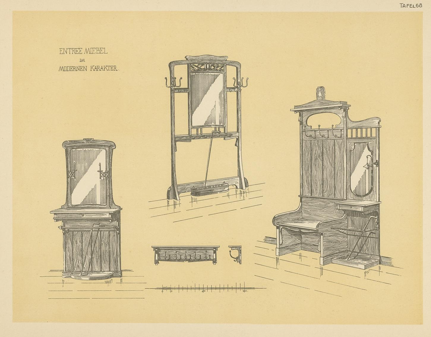 20th Century Antique Design Print of Entryway Furniture by Kramer, circa 1910 For Sale
