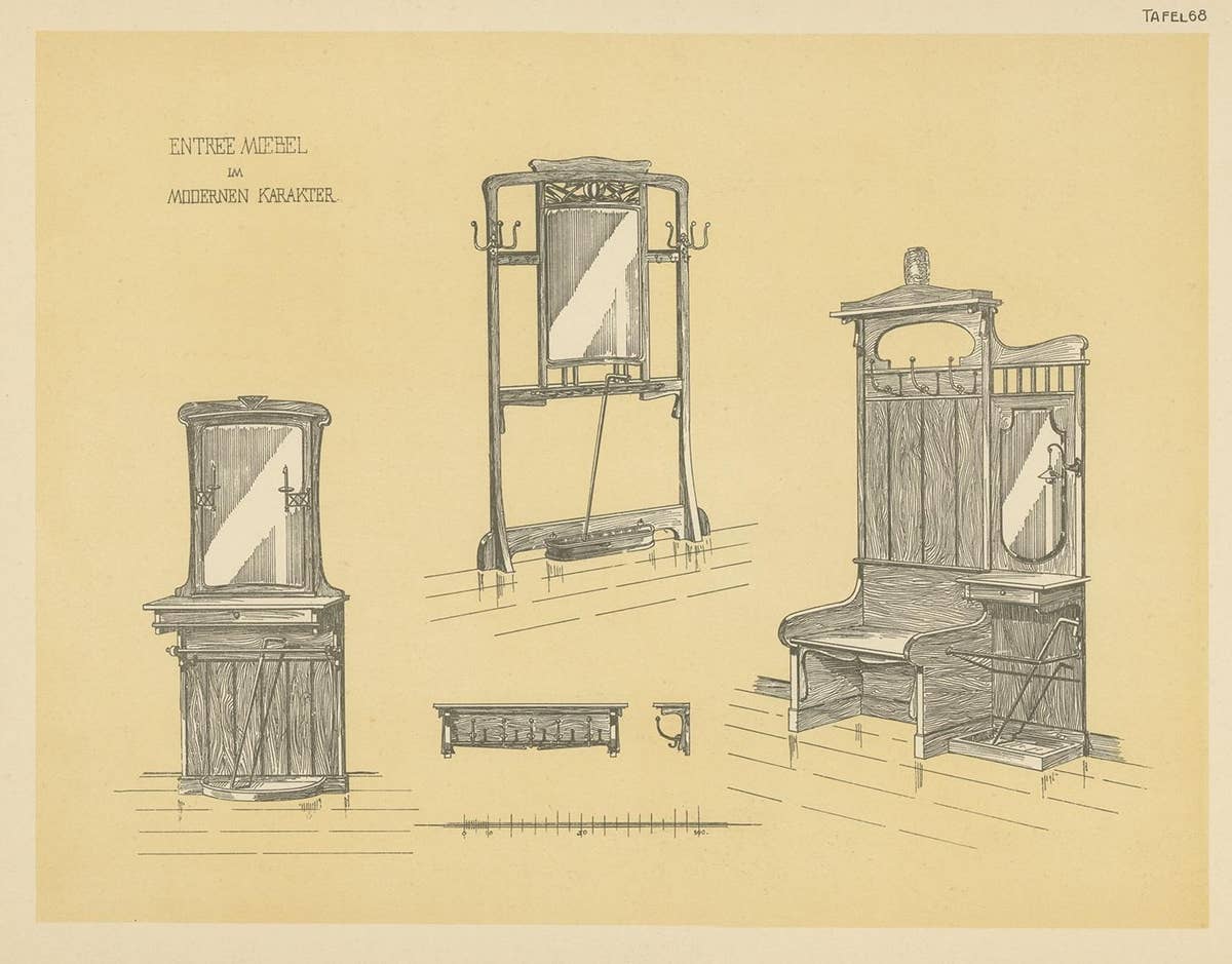 Antique Design Print of Entryway Furniture by Kramer, circa 1910