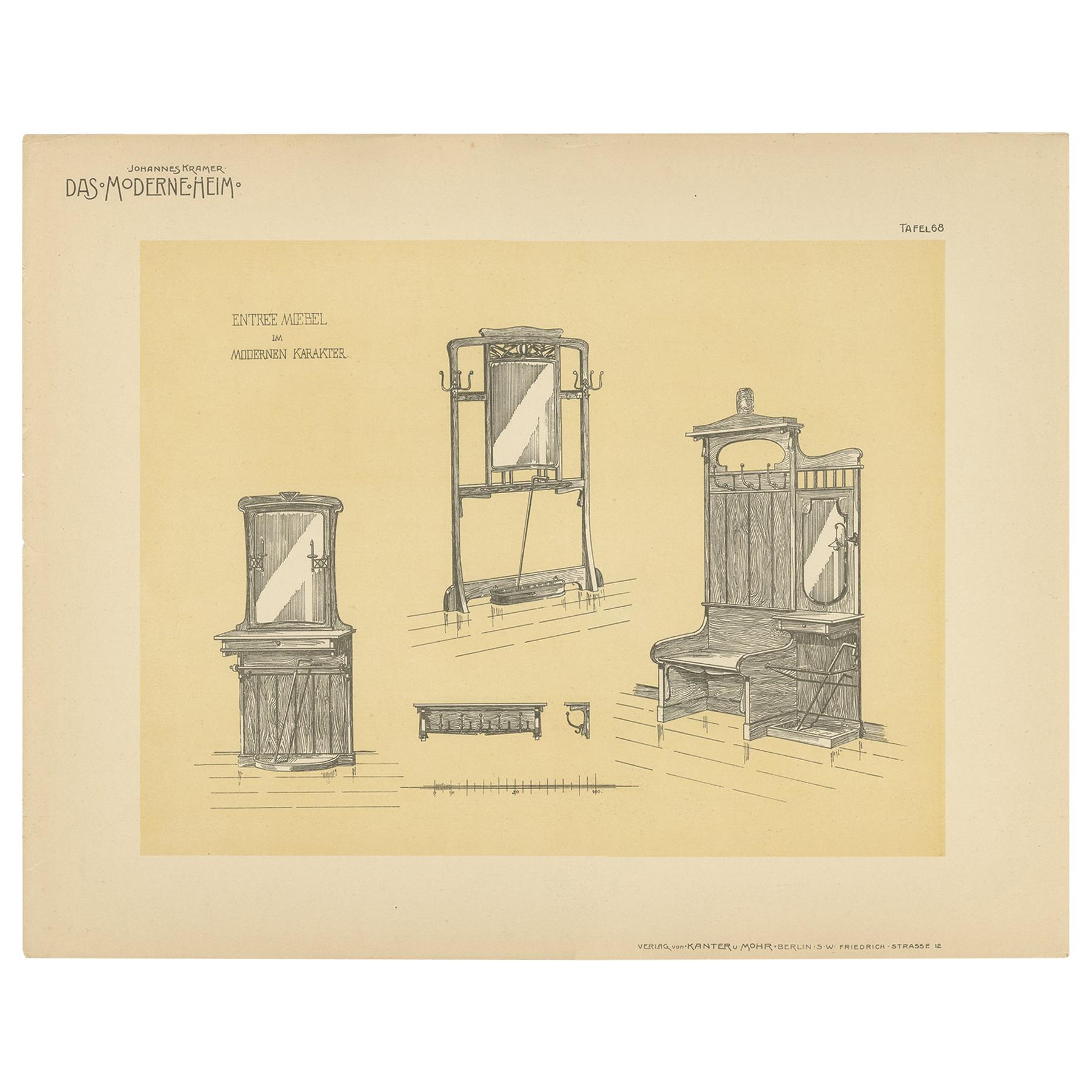Antiker Designdruck von Eingangsmöbeln von Kramer, um 1910
