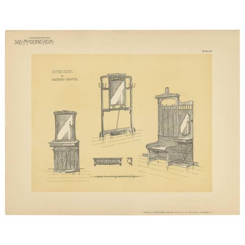 Antique Design Print of Entryway Furniture by Kramer, circa 1910