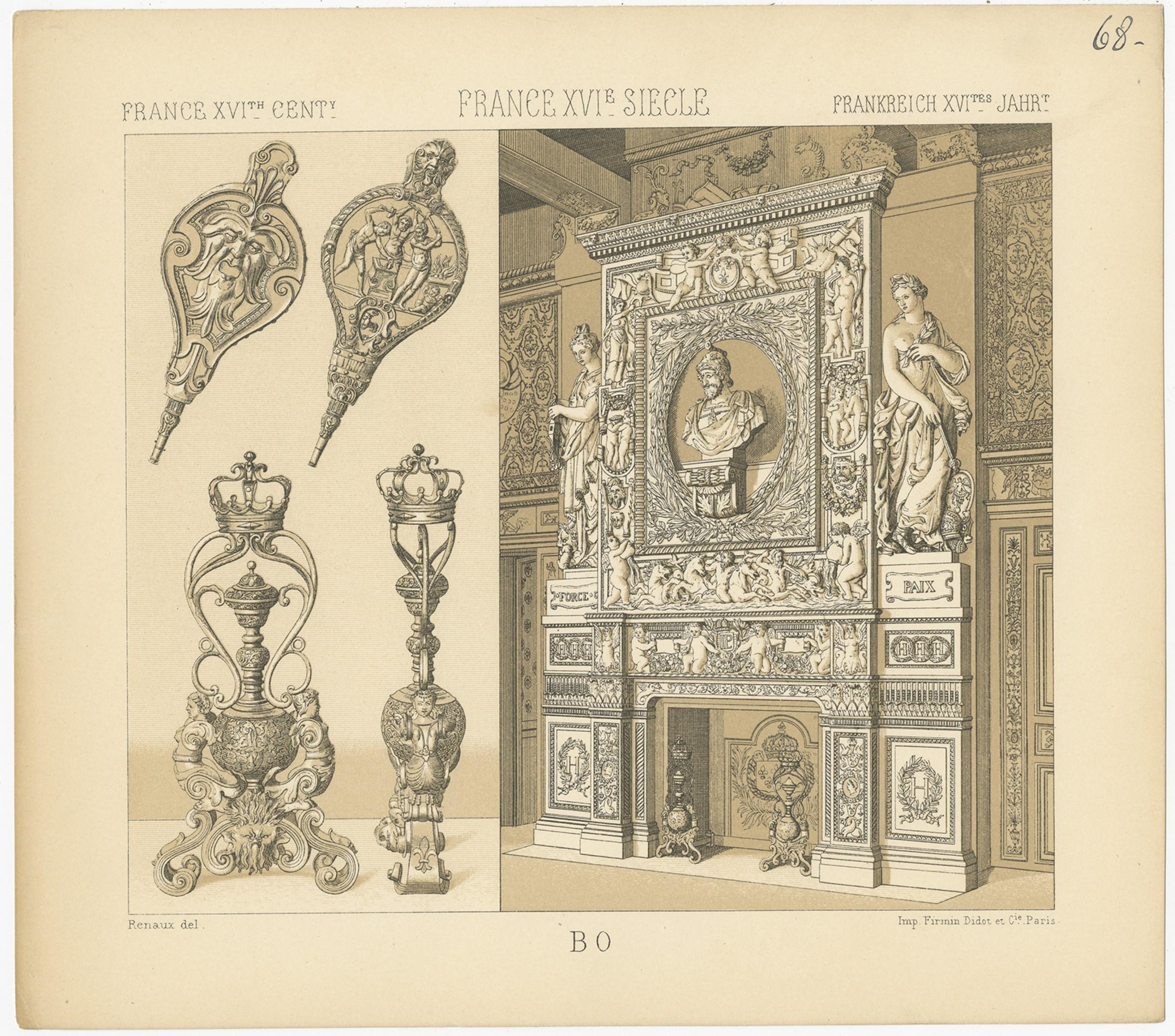 Antique print titled 'France XVIth Cent - France XVIe Siecle - Frankreich XVItes Jahr'. Chromolithograph of French decorative objects. This print originates from 'Le Costume Historique' by M.A. Racinet. Published circa 1880.