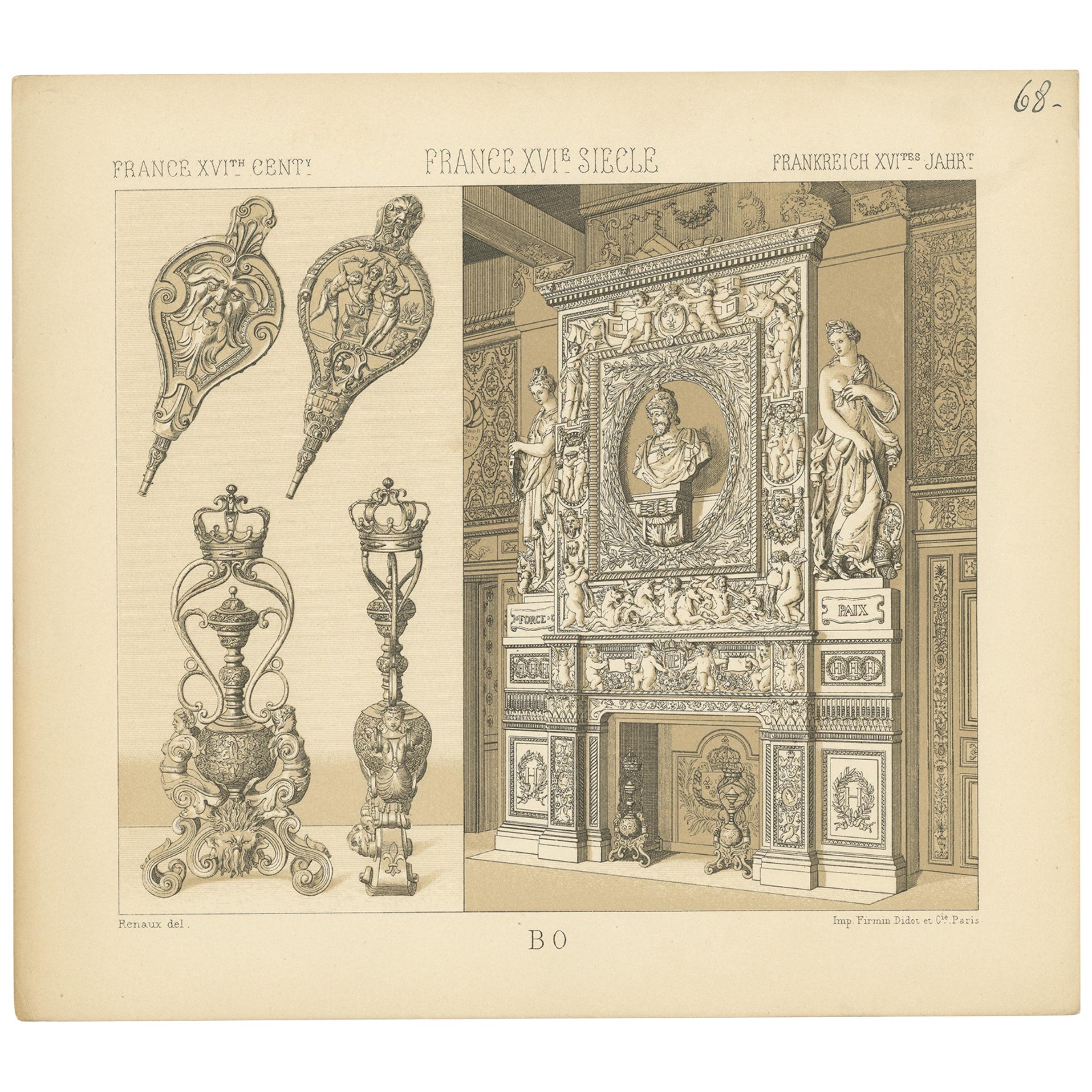 Pl. 68 Antique Print of French Decorative Objects by Racinet, circa 1880 For Sale