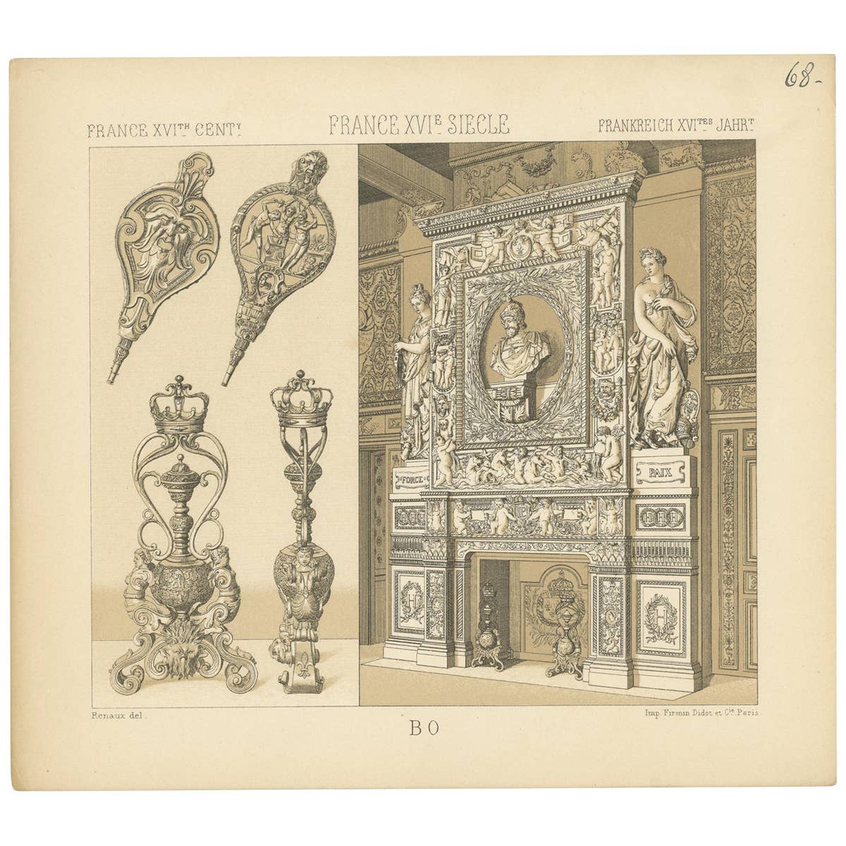 Pl. 68 Antique Print of French Decorative Objects by Racinet, circa 1880