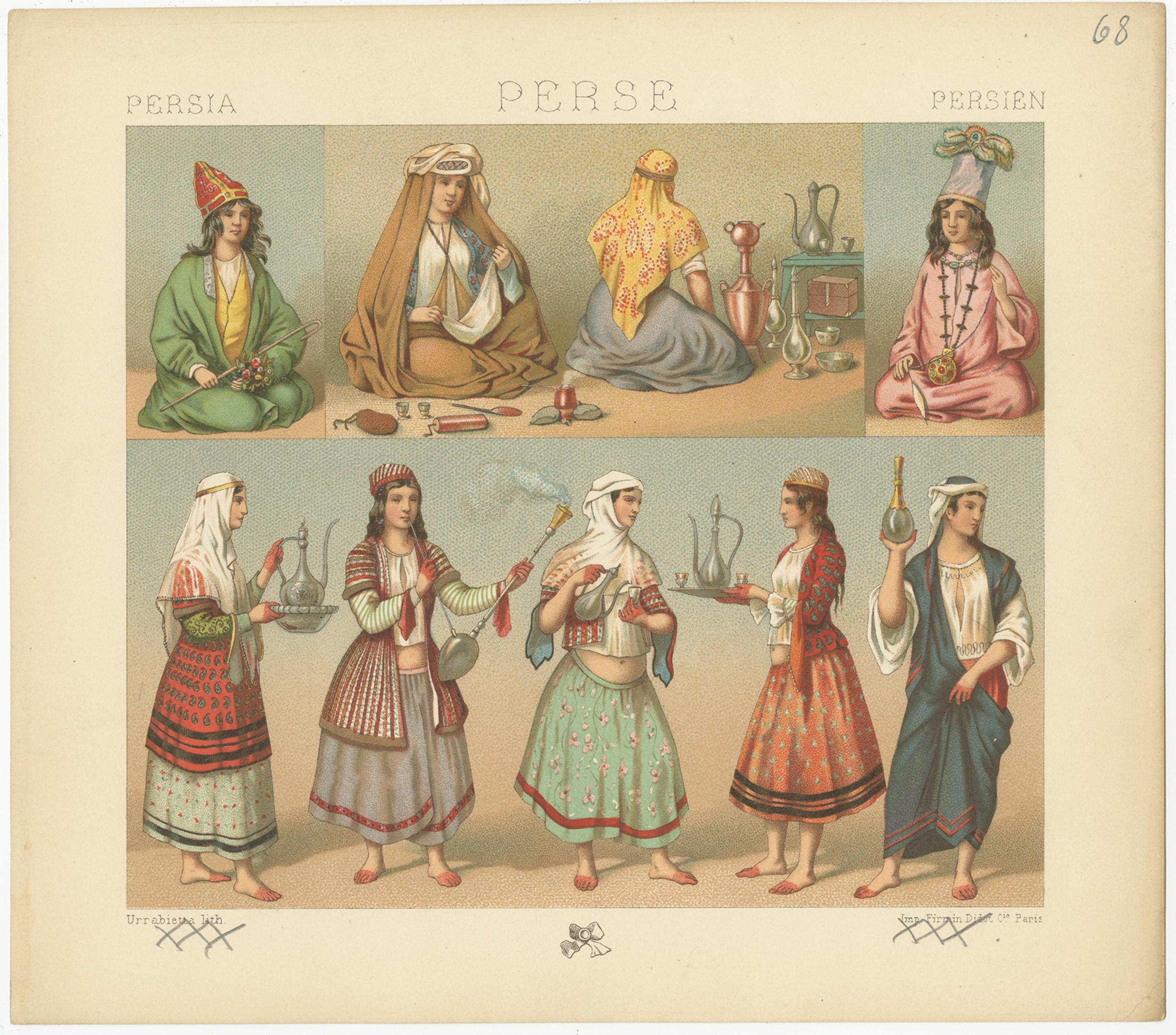 Antique Print of Persian Costumes by Racinet, 'circa 1880' In Good Condition For Sale In Langweer, NL