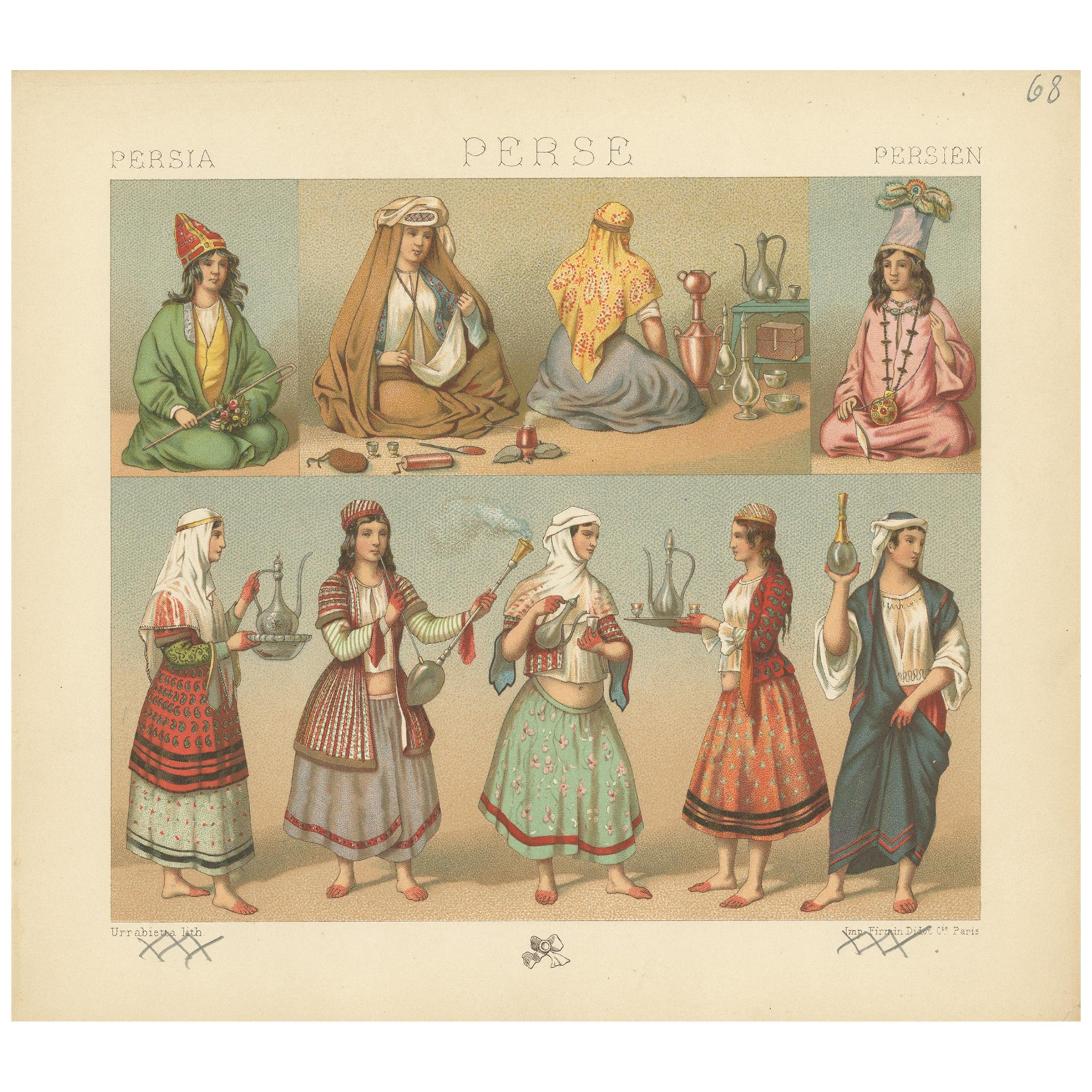 Antique Print of Persian Costumes by Racinet, 'circa 1880' For Sale