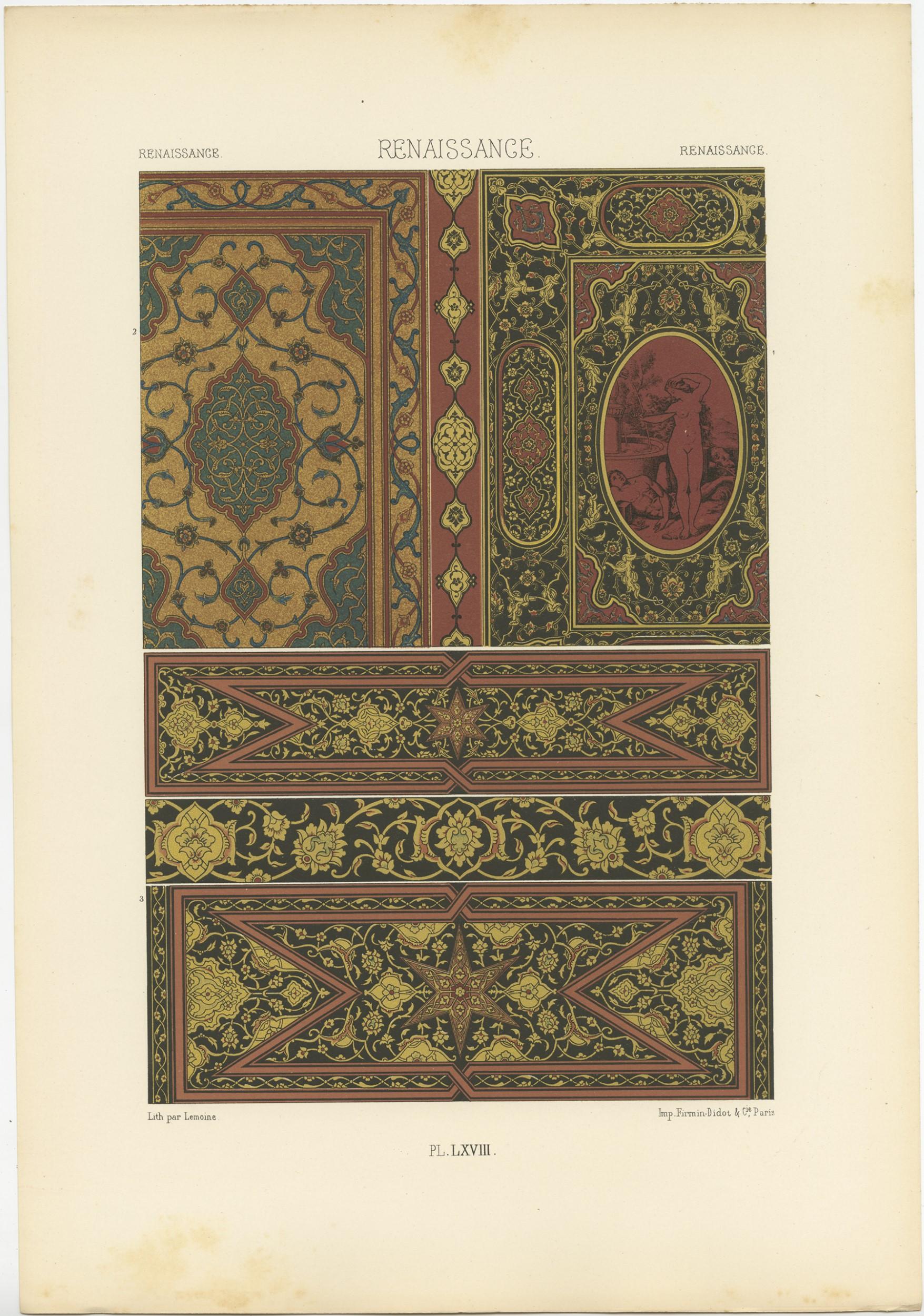 XIXe siècle Pl. 68 Impression ancienne d'ornements de la Renaissance par Racinet (vers 1890) en vente
