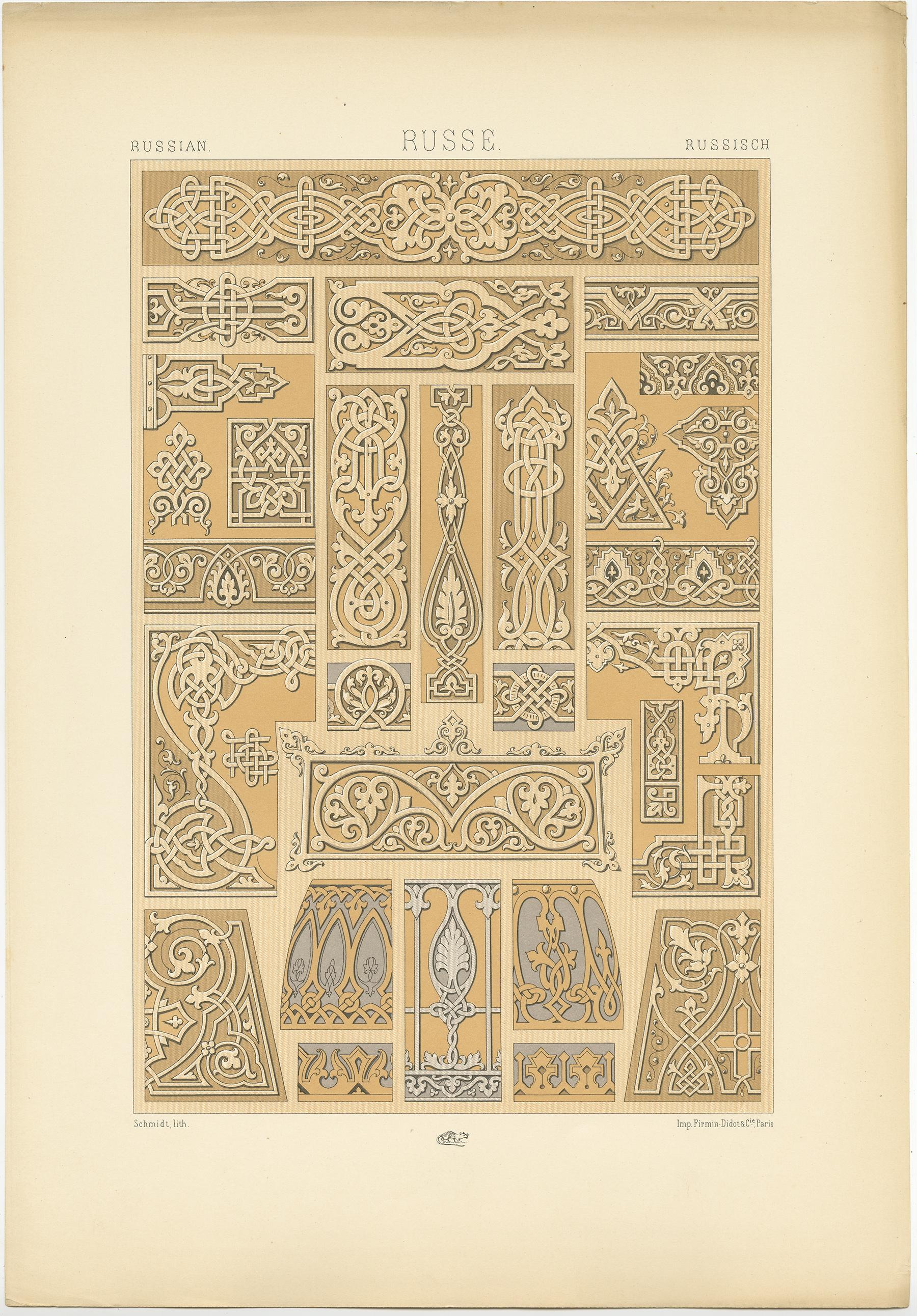 Antique print titled 'Russian - Russe - Russische'. Chromolithograph of motifs from metalwork and manuscripts ornaments. This print originates from 'l'Ornement Polychrome' by Auguste Racinet. Published circa 1890.