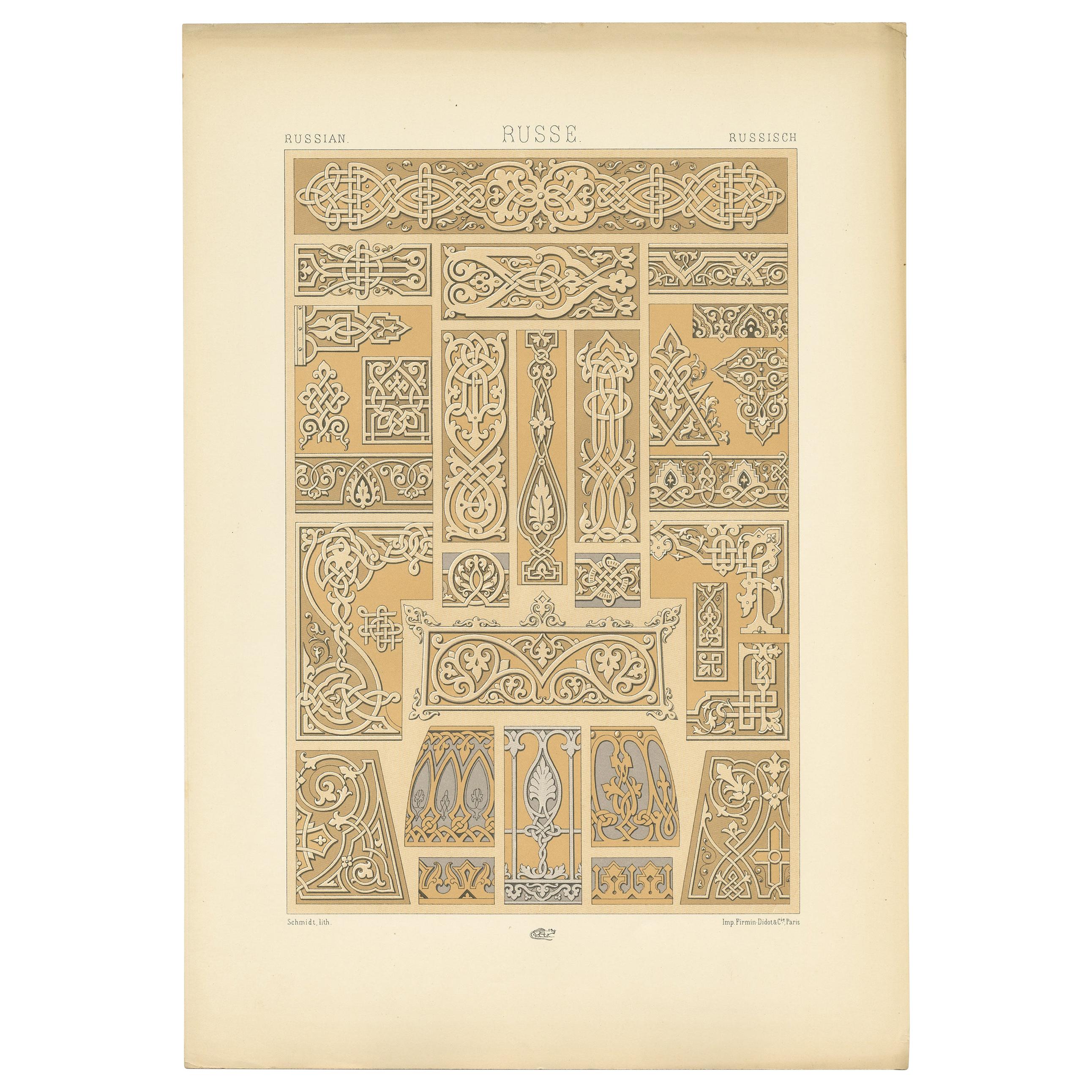 Pl. 68 Antique Print of Russian Motifs from Metalwork and Manuscripts by Racinet For Sale