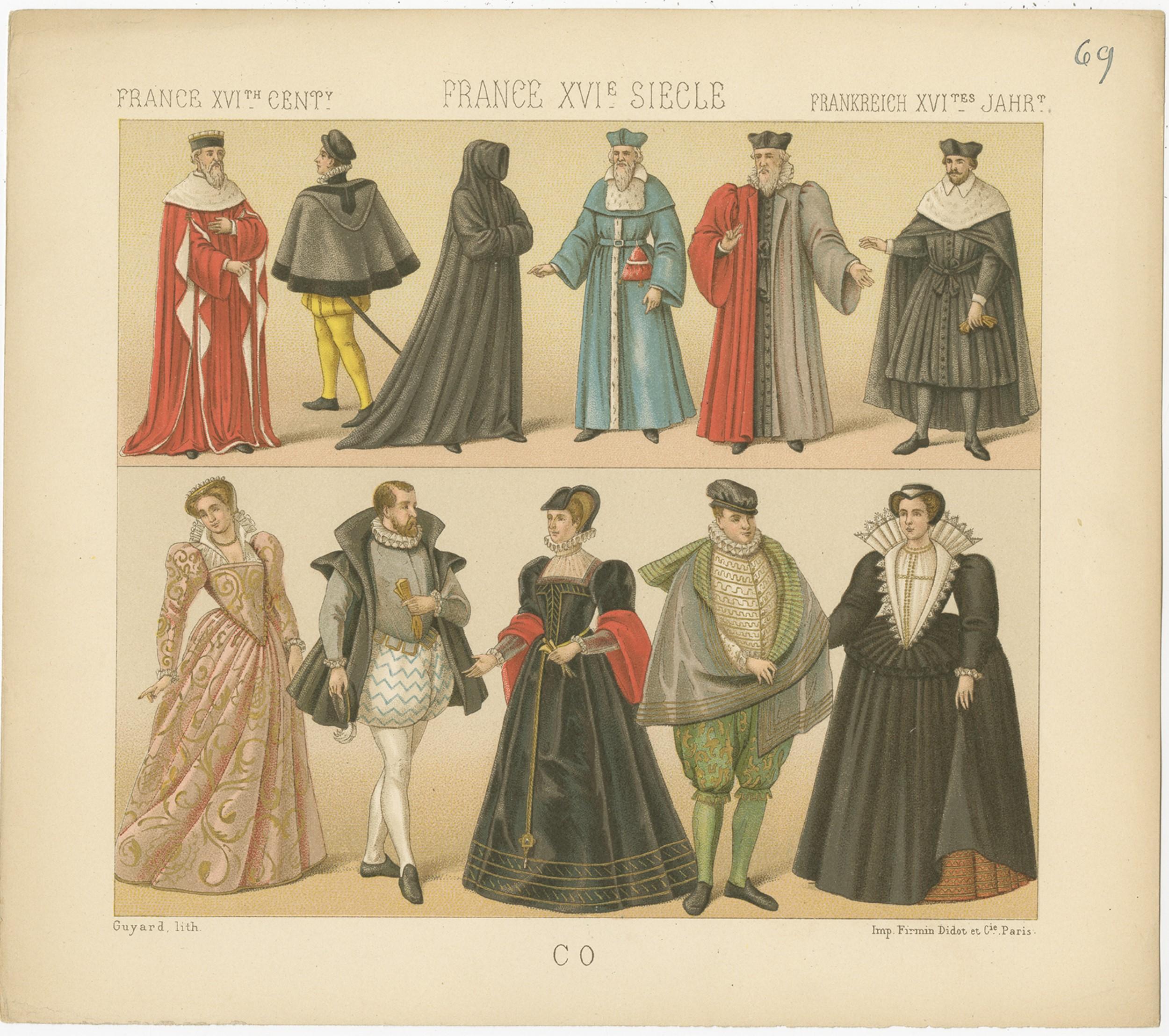 Antique print titled 'France XVI Cent - France XVIe Siecle - FrankreichXVItes Jahr'. Chromolithograph of French XVIth Century Costumes. This print originates from 'Le Costume Historique' by M.A. Racinet. Published, circa 1880.