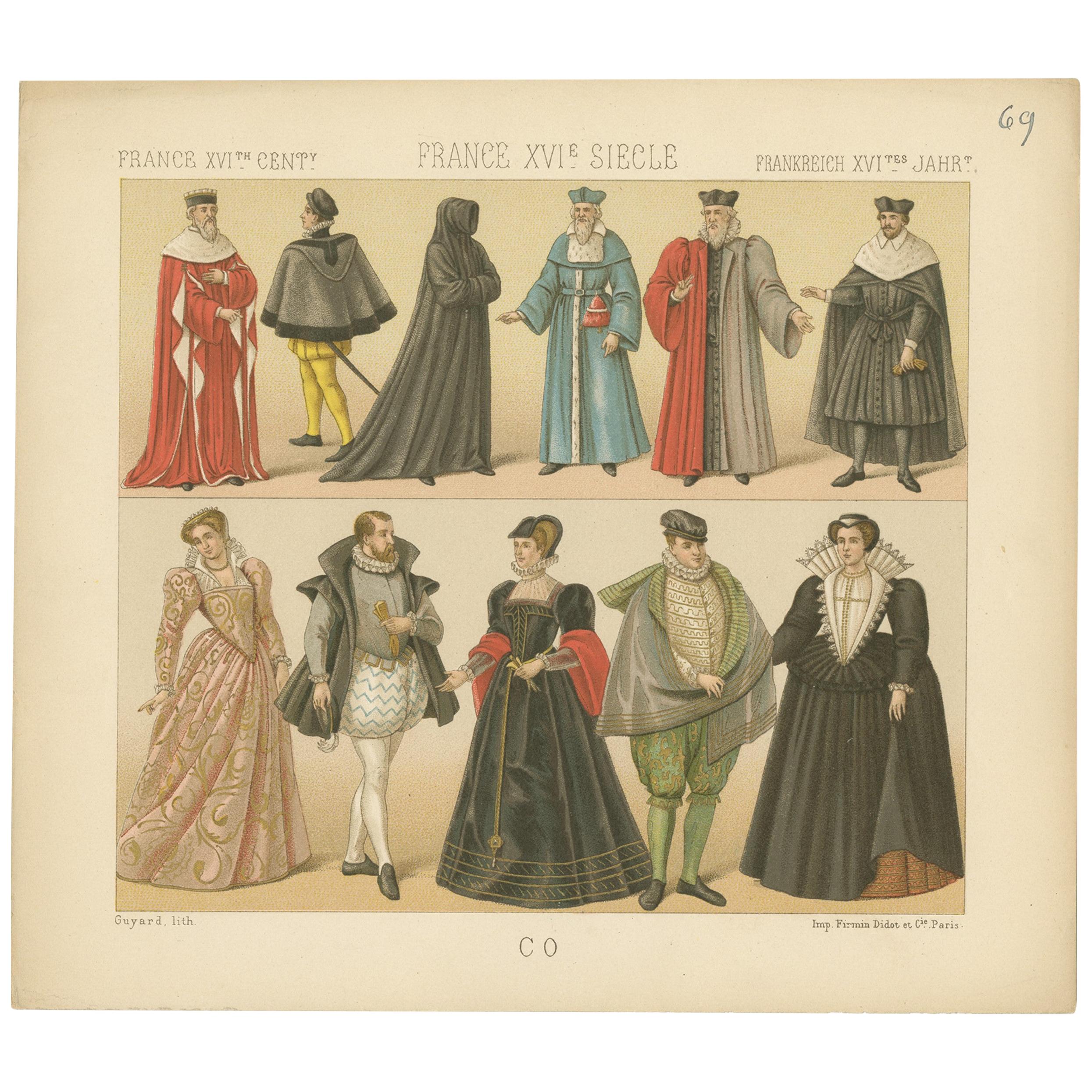 Pl. 69 Antique Print of French XVIth Century Costumes by Racinet, circa 1880