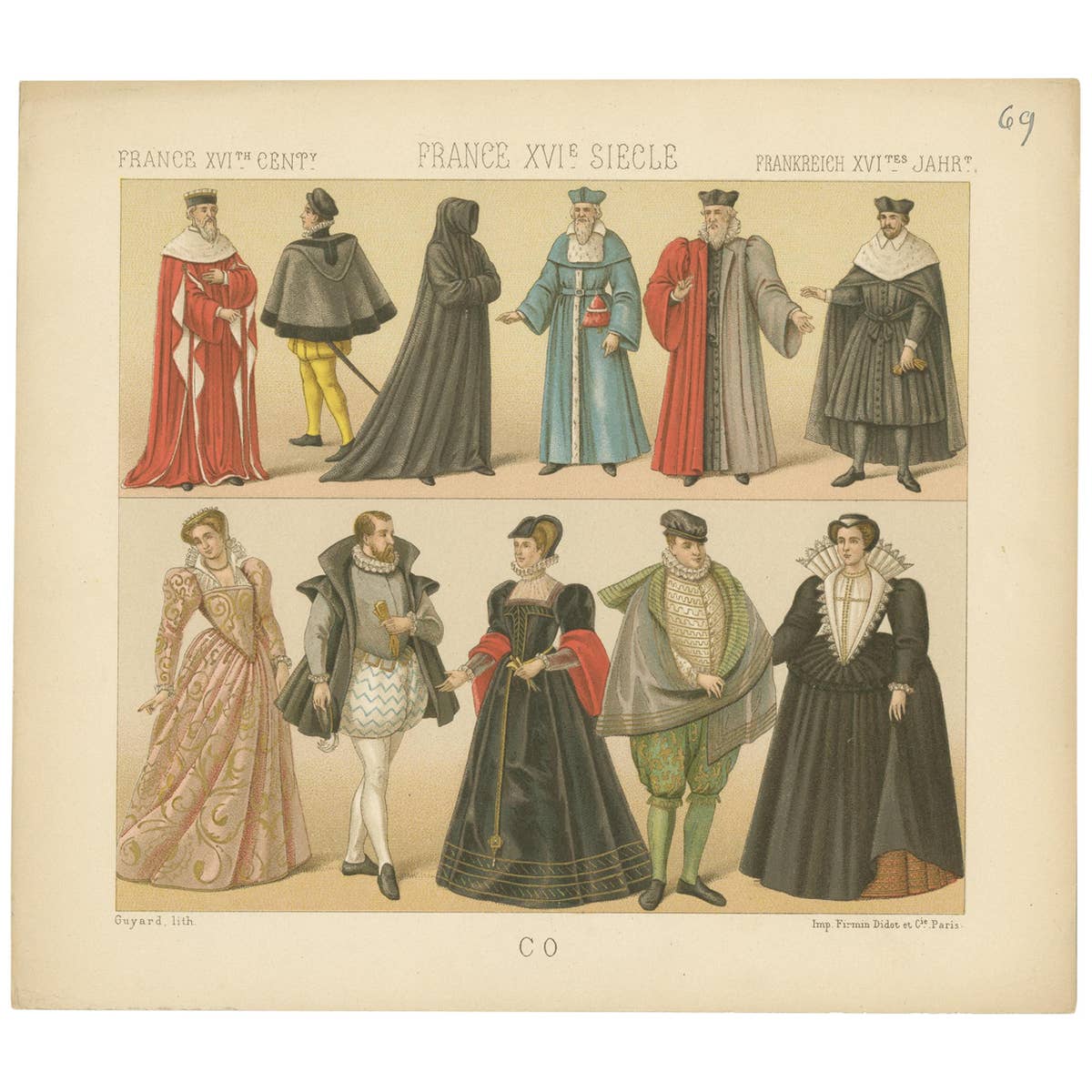 Pl. 69 Antique Print of French XVIth Century Costumes by Racinet, circa 1880