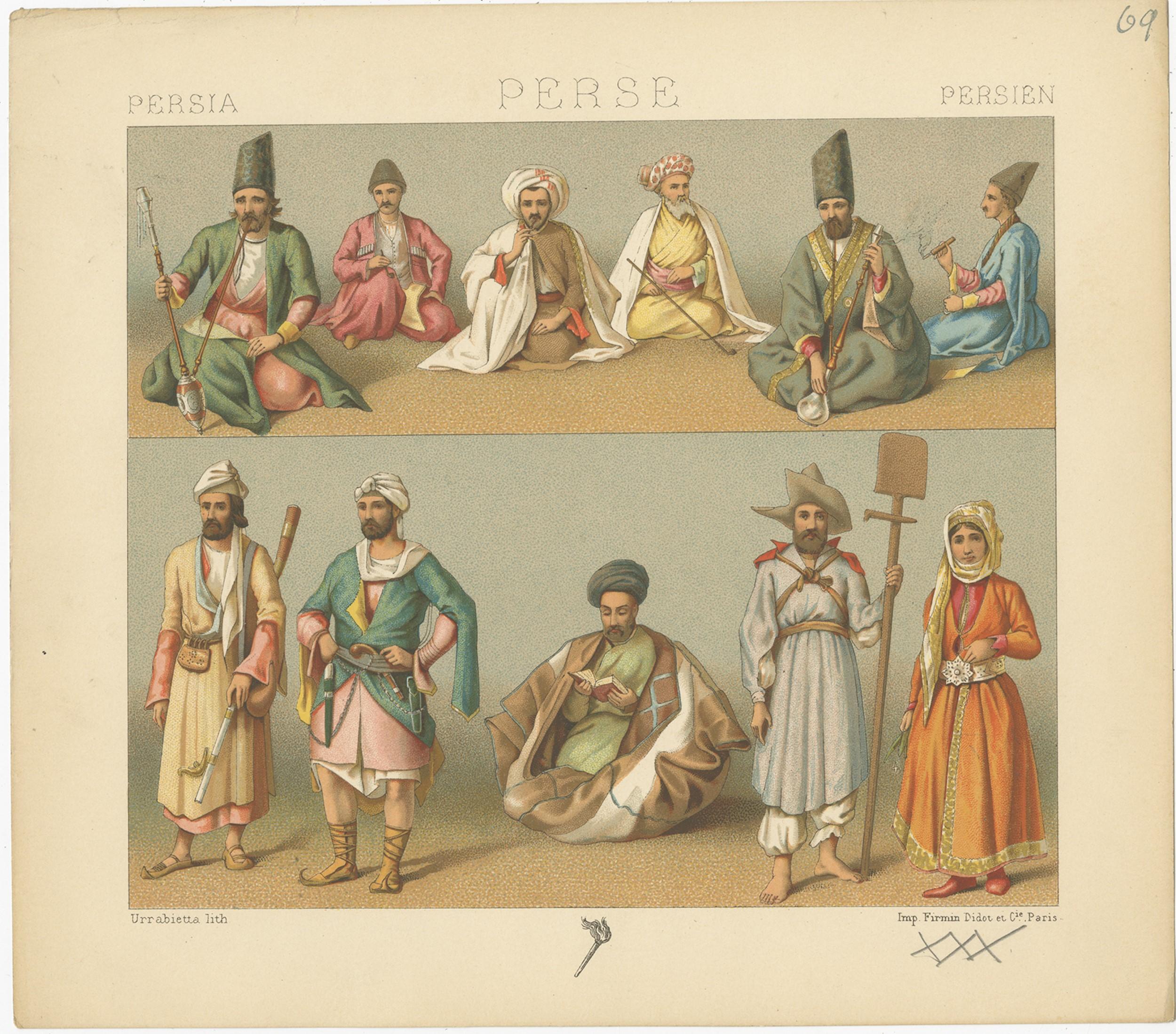Antique print titled 'Persia - Perse - Persien'. Chromolithograph of Persian costumes. This print originates from 'Le Costume Historique' by M.A. Racinet. Published, circa 1880.