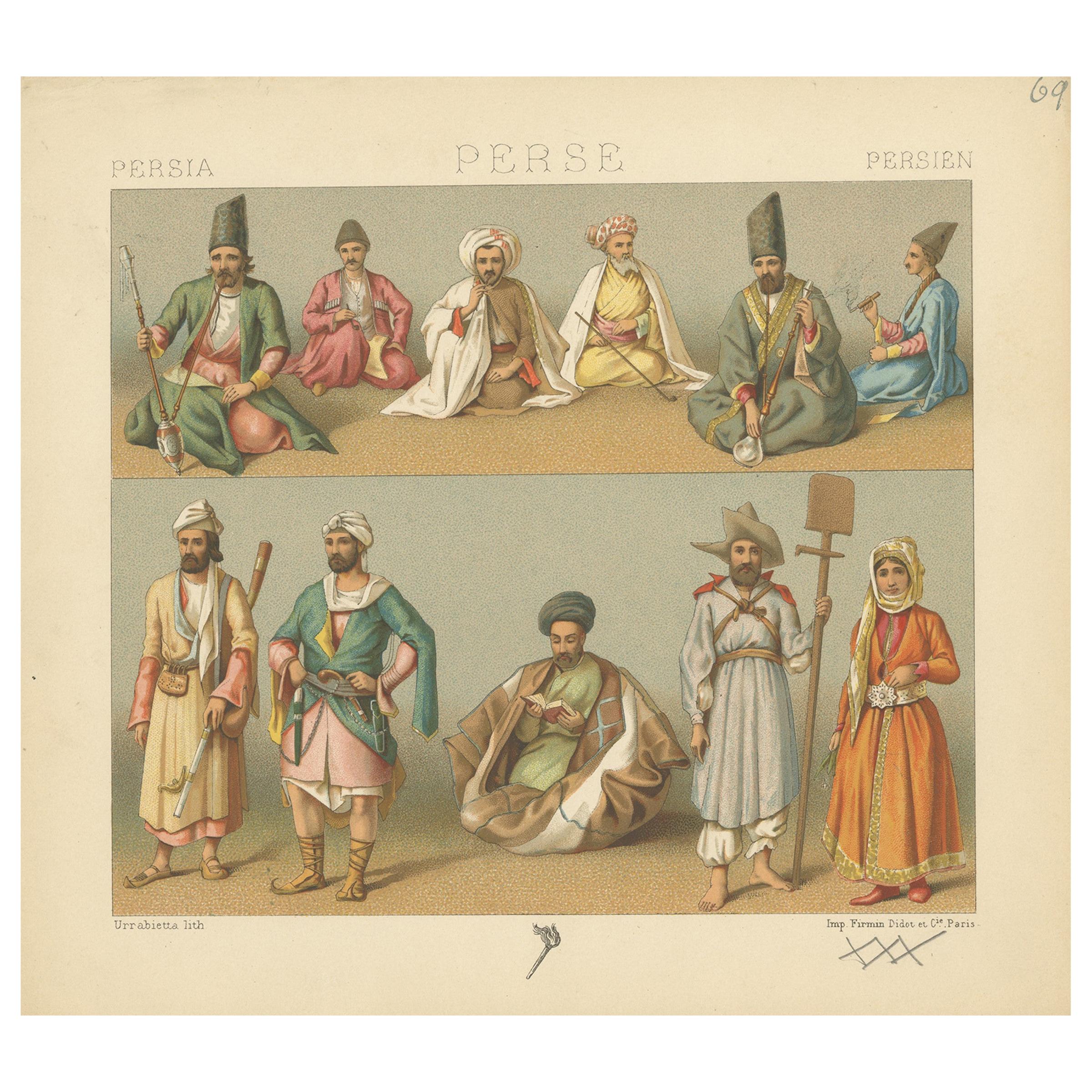 Pl. 69 Antique Print of Persian Costumes by Racinet, 'circa 1880' For Sale