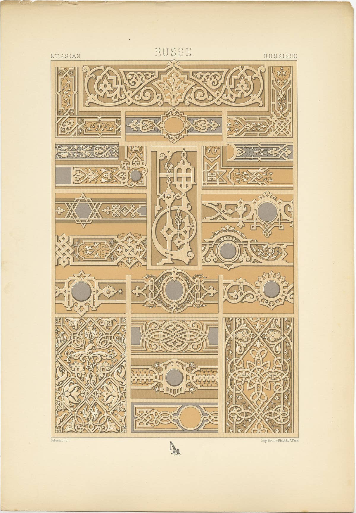 Pl. 69 Antique Print of Russian Motifs from Metalwork Ornaments by Racinet