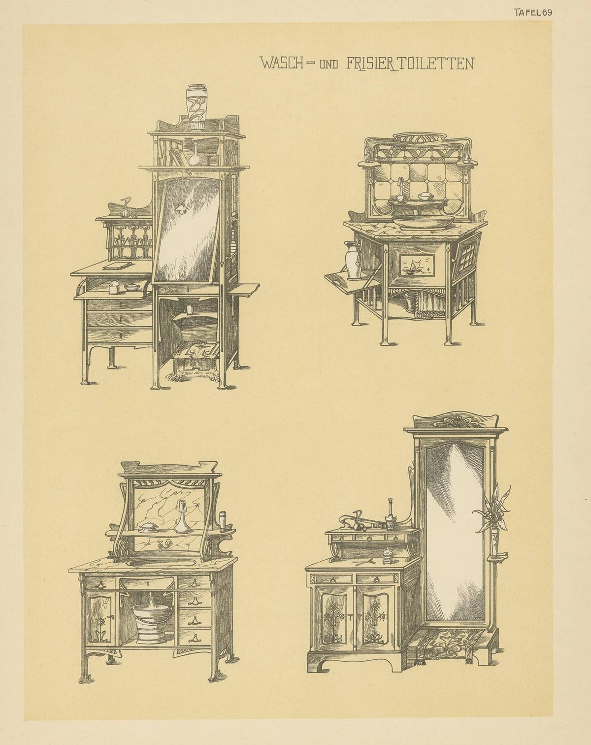 Pl 69 Antique Print of Wash Stands by Kramer, 'circa 1910'
