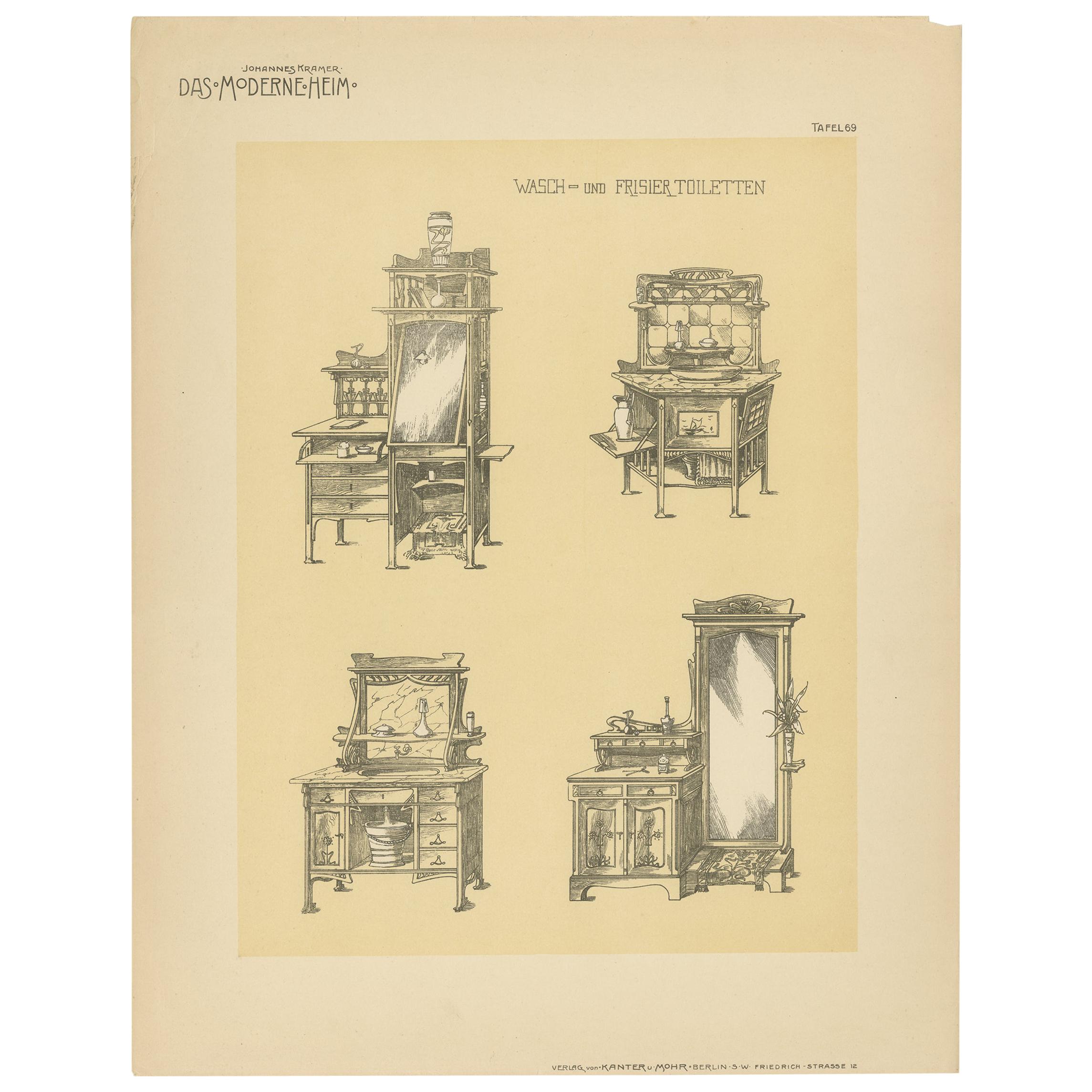 Pl 69 Antique Print of Wash Stands by Kramer, 'circa 1910' For Sale