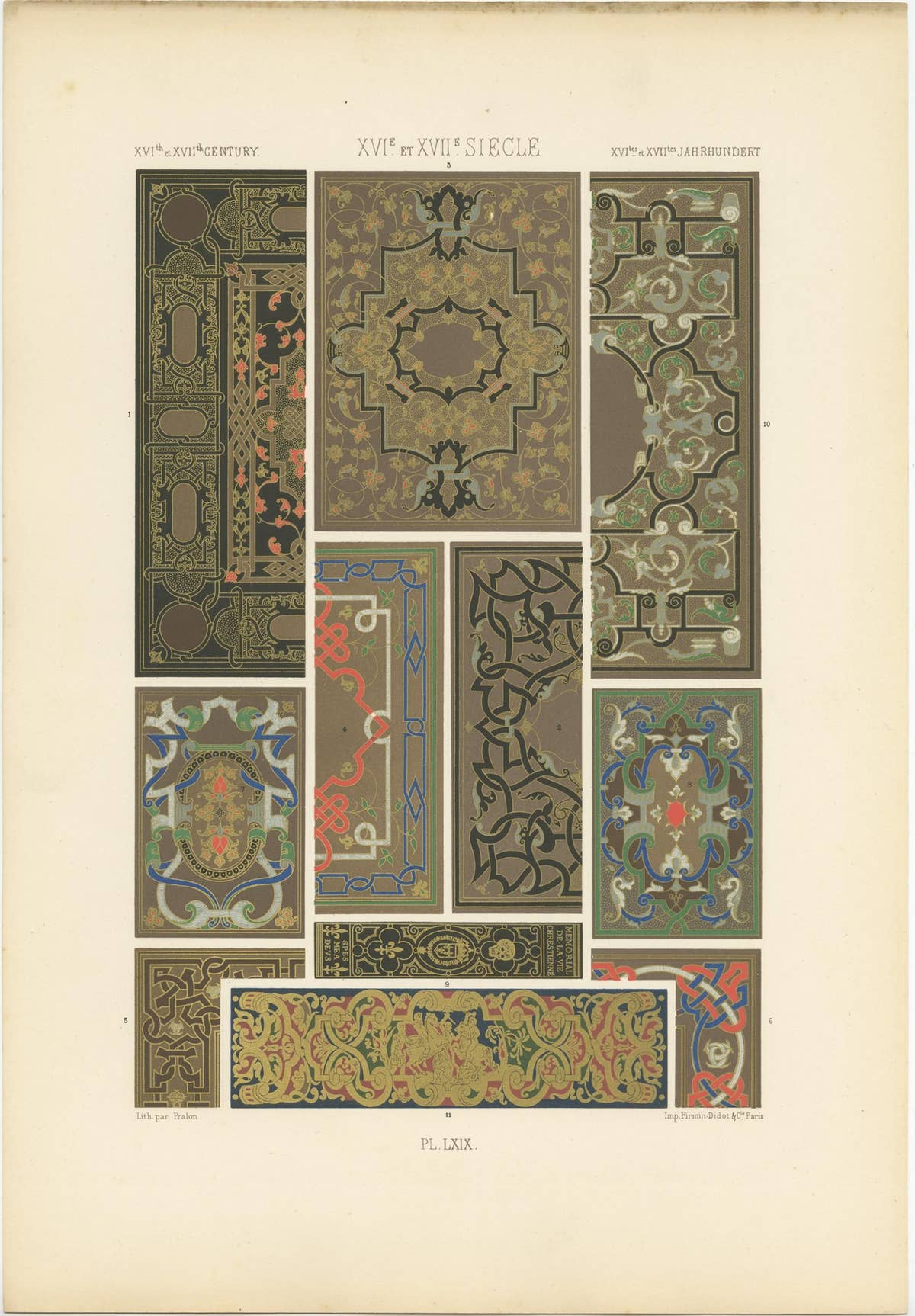 Pl. 69 Antique Print of XVIth and XVIIth Century Ornaments by Racinet circa 1890