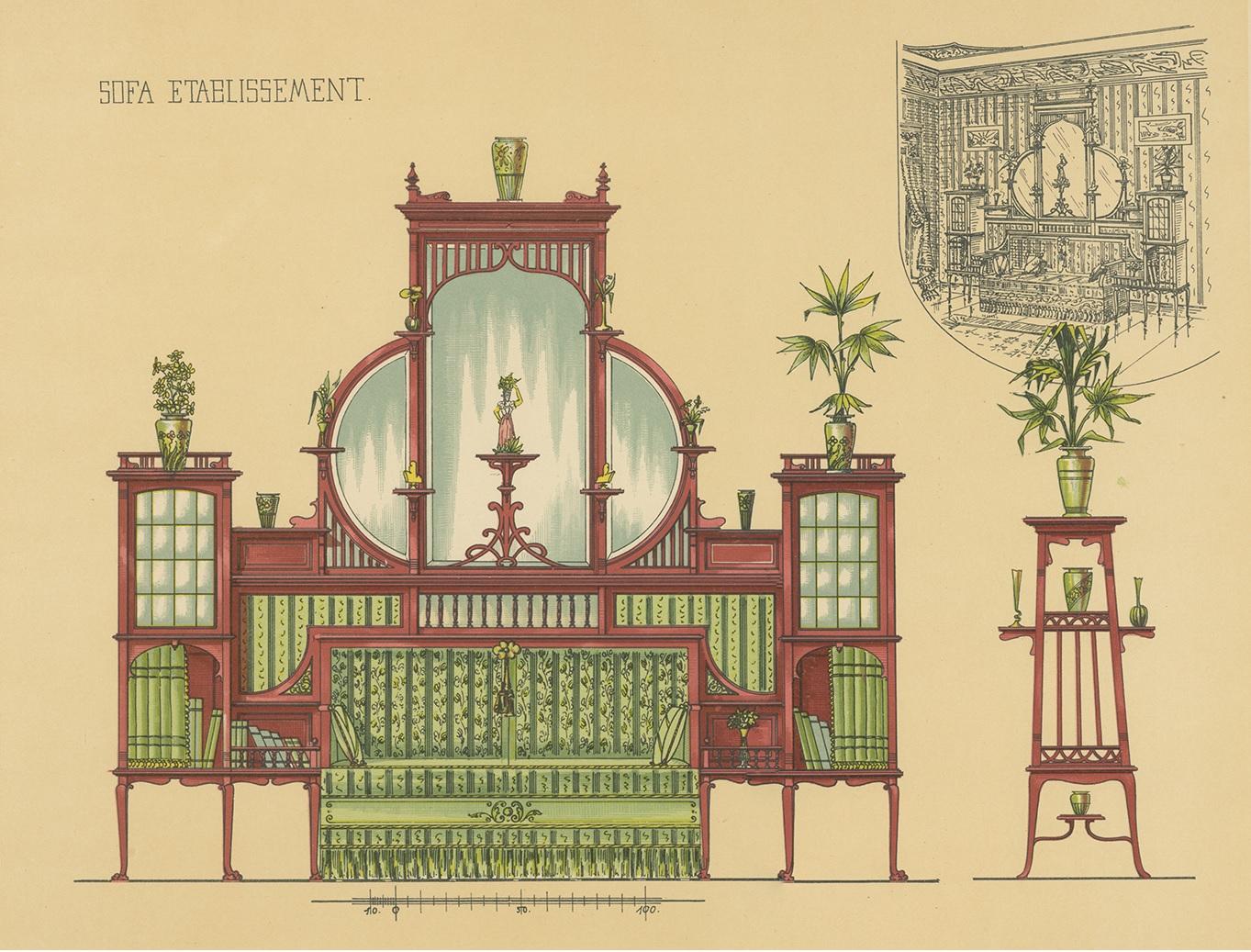 Antique print titled 'Sofa Etablissement'. Lithograph of a sofa and furniture this print originates from 'Det Moderna Hemmet' by Johannes Kramer. Published by Ferdinand Hey'l, circa 1910.