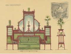 Gravure ancienne d'un canapé et de meubles par Kramer, vers 1910