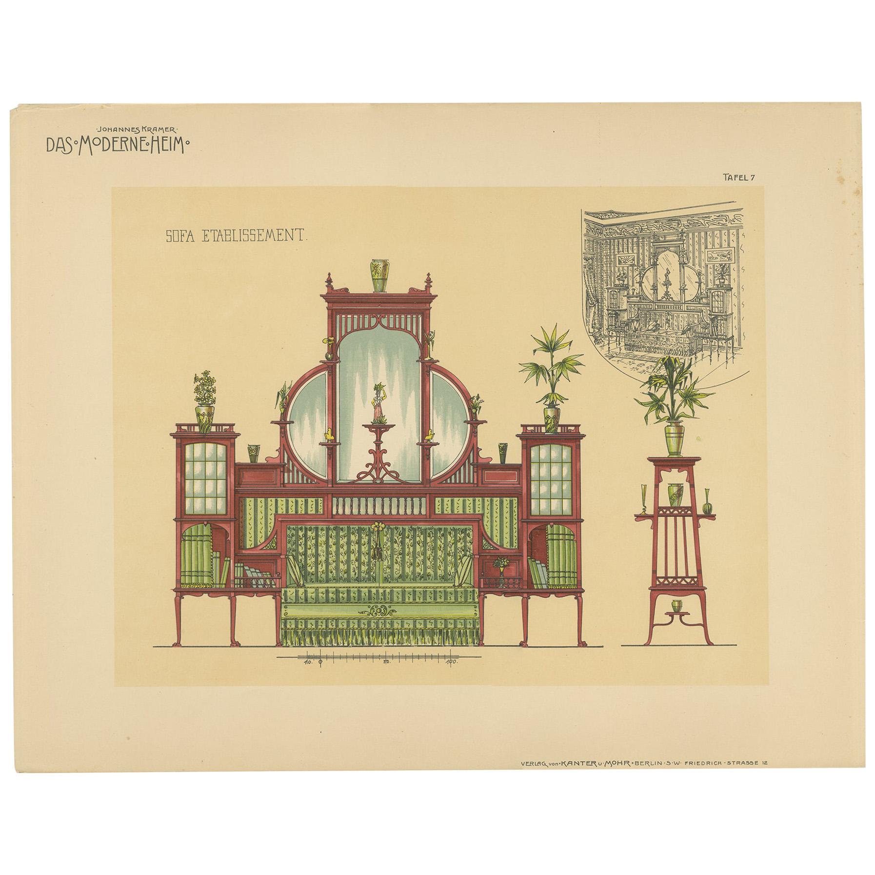 Antiker Druck eines Sofas und Möbel von Kramer, um 1910