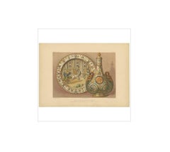 Pl. 7 Antique Print of an Urbino Ceramic Plate and Bottle by Bedford, circa 1857