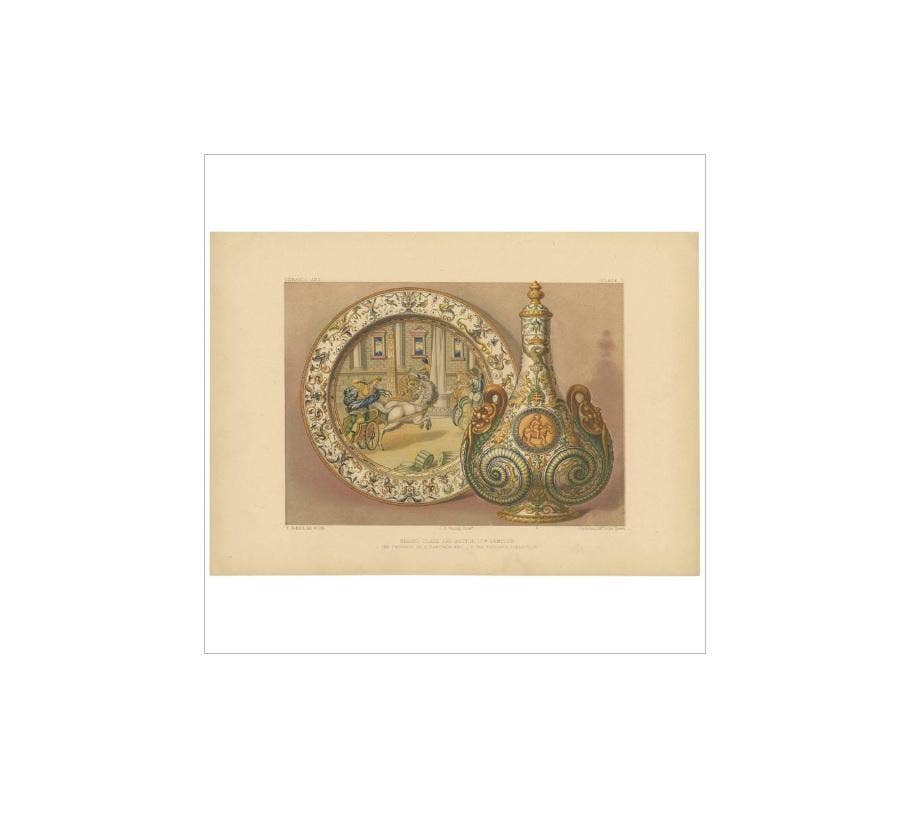 Pl. 7 Antique Print of an Urbino Ceramic Plate and Bottle by Bedford, circa 1857
