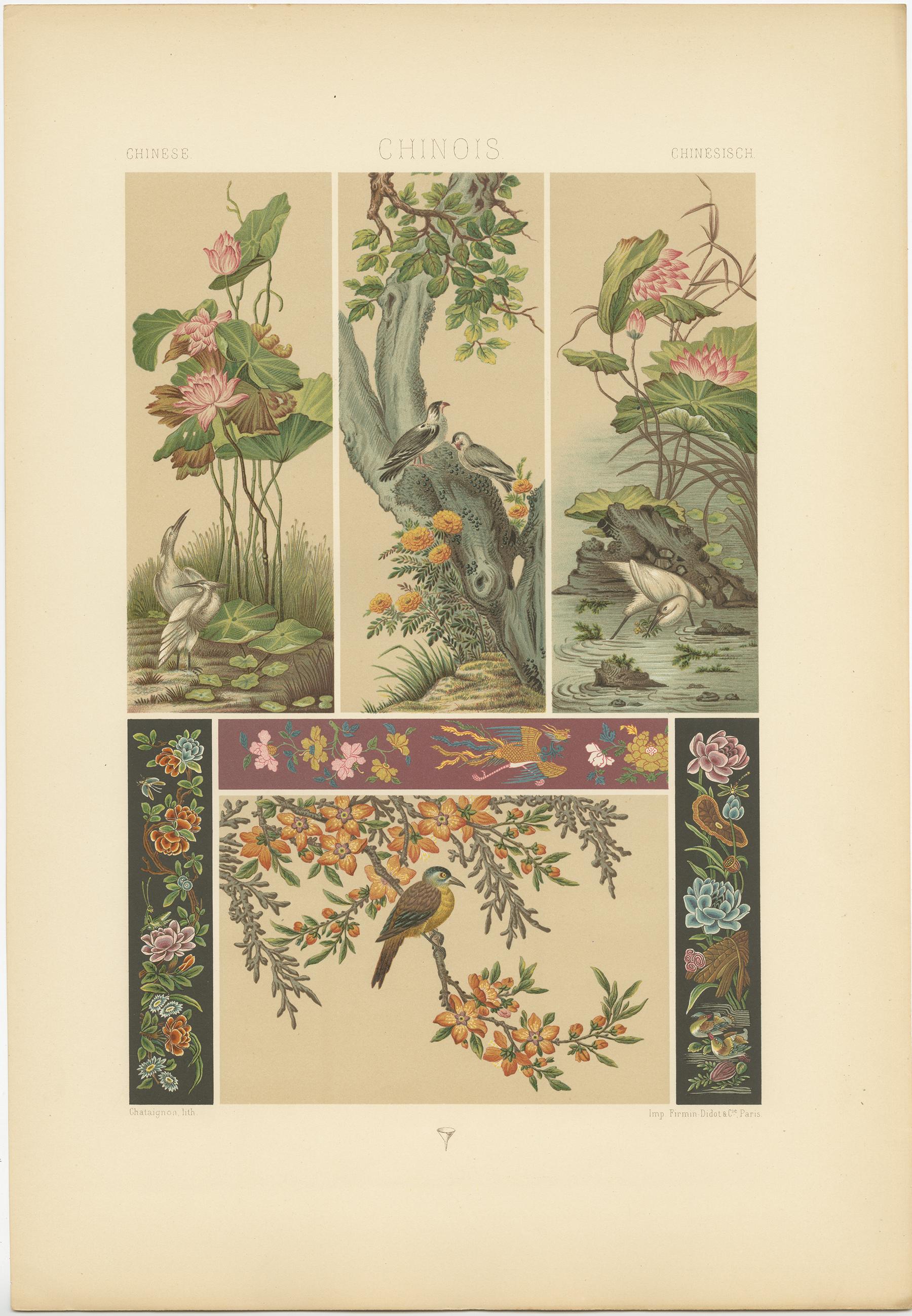 Antique print titled 'Chinese - Chinois - Chinesisch'. Chromolithograph of Chinese paintings, embroideries, printed fabrics ornaments. This print originates from 'l'Ornement Polychrome' by Auguste Racinet. Published circa 1890.