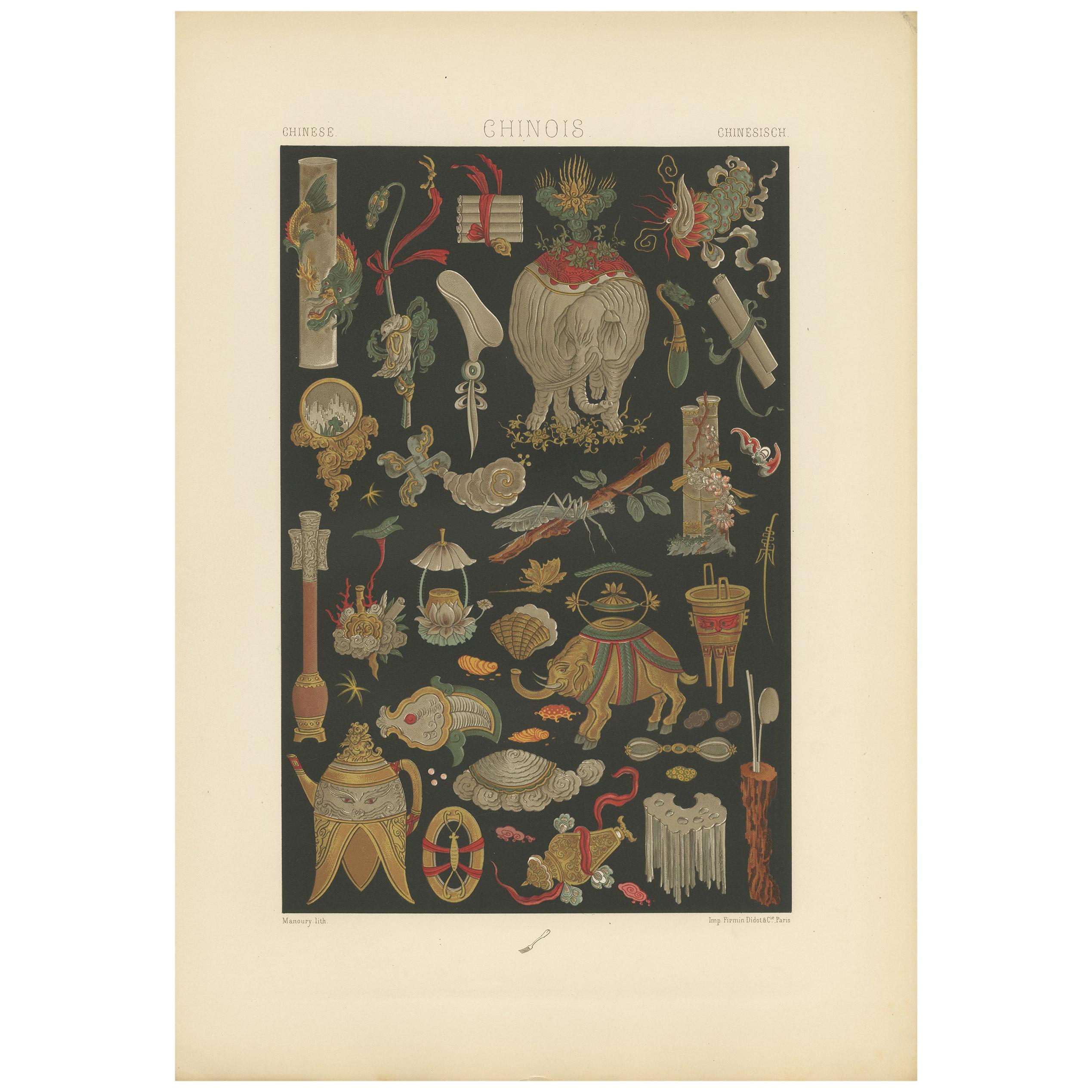 Pl. 7 Antique Print of Chinese Painted and Gilt Motifs by Racinet, 'circa 1890' For Sale