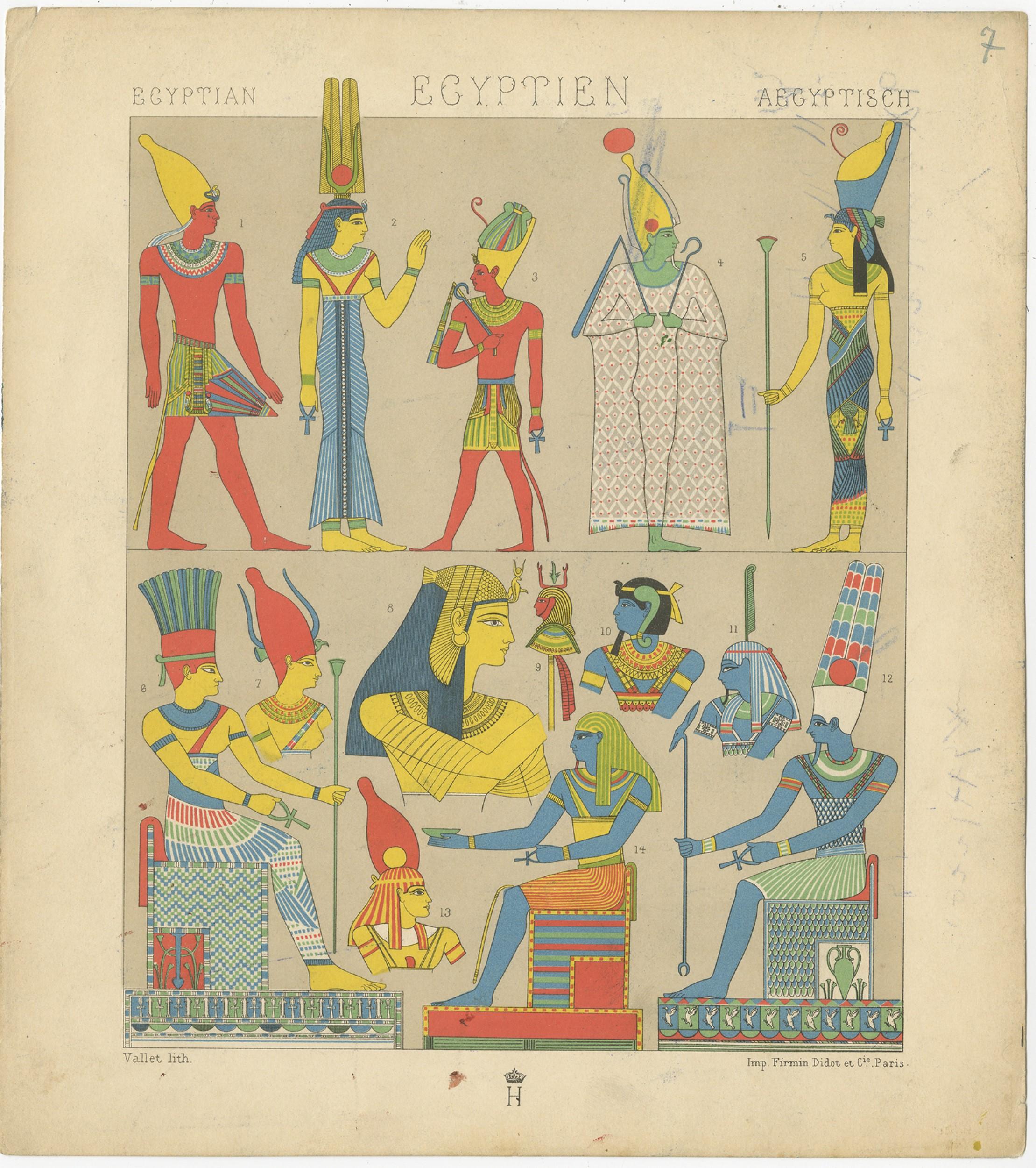 Antique print titled 'Egyptian - Egyptien - Aegyptisch'. Chromolithograph of Egyptian Outfits. This print originates from 'Le Costume Historique' by M.A. Racinet. Published, circa 1880.
 
  